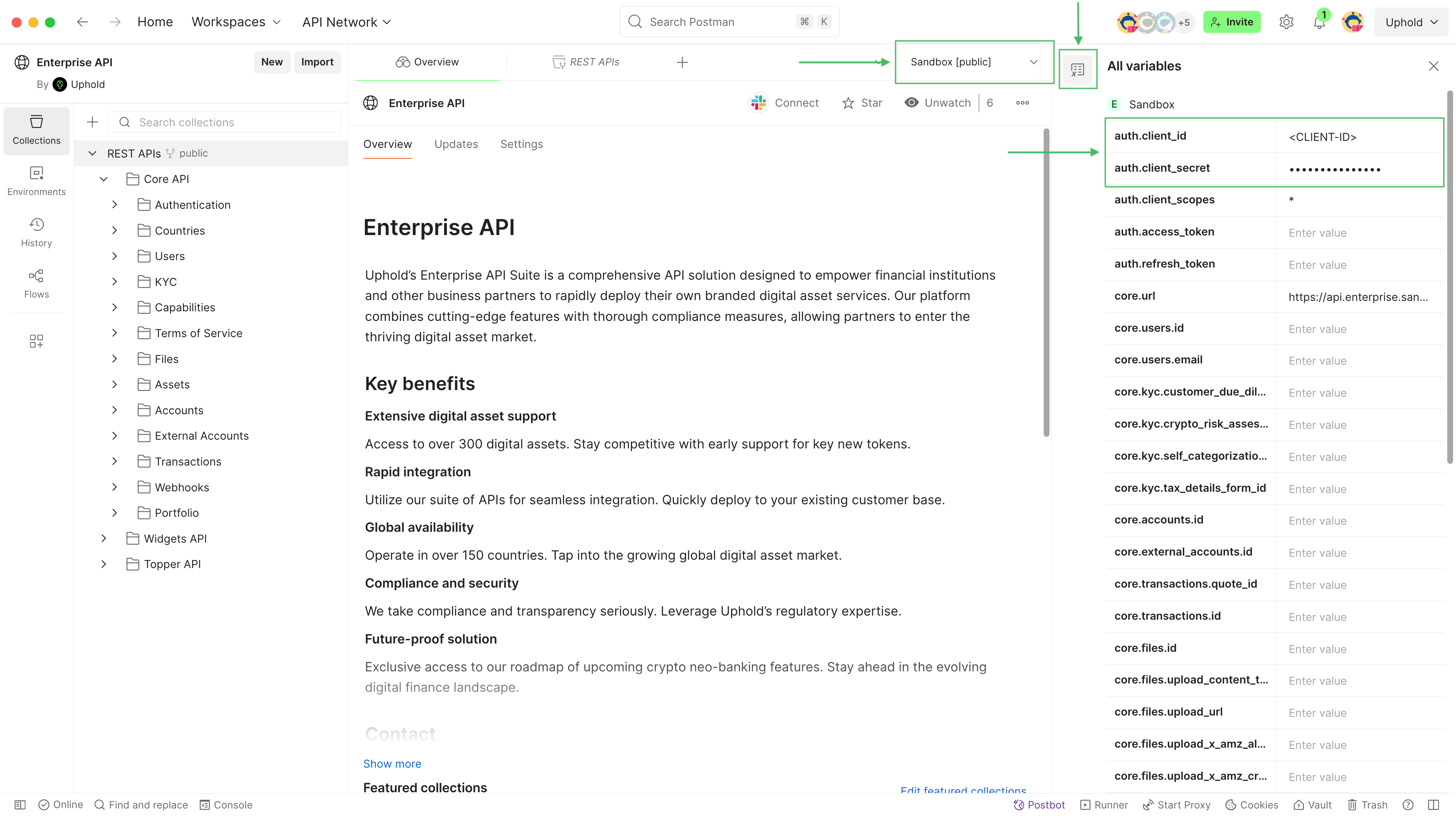Postman variables drawer with client credentials