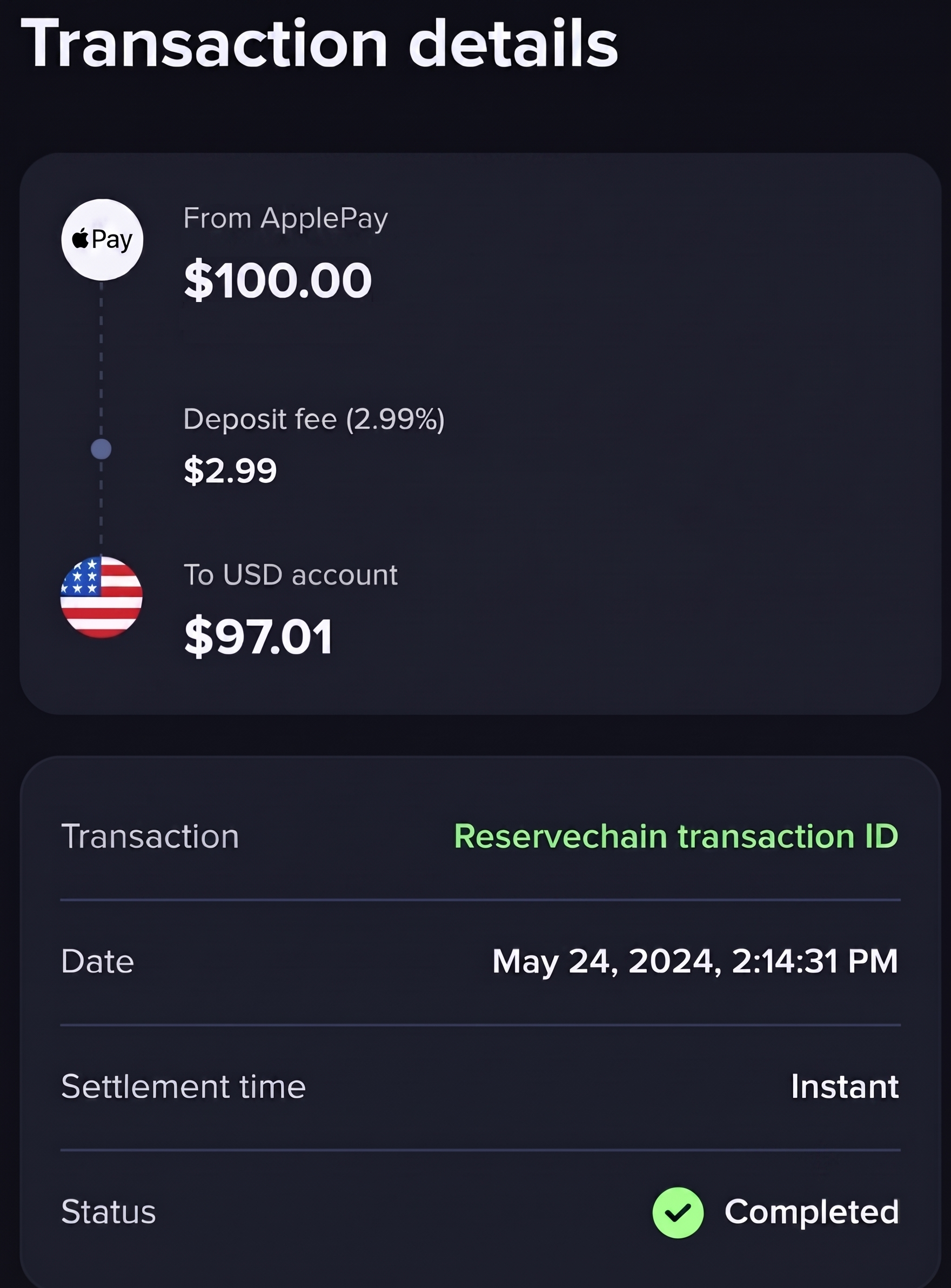Apple Pay transaction completed confirmation