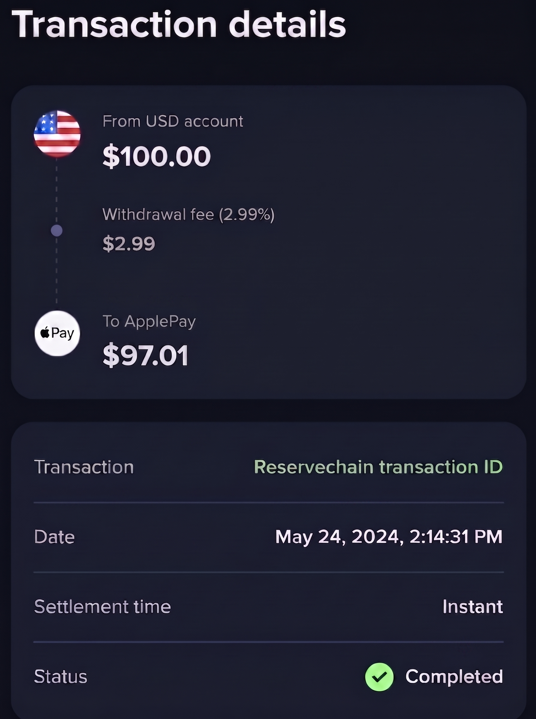 Apple Pay transaction completed confirmation