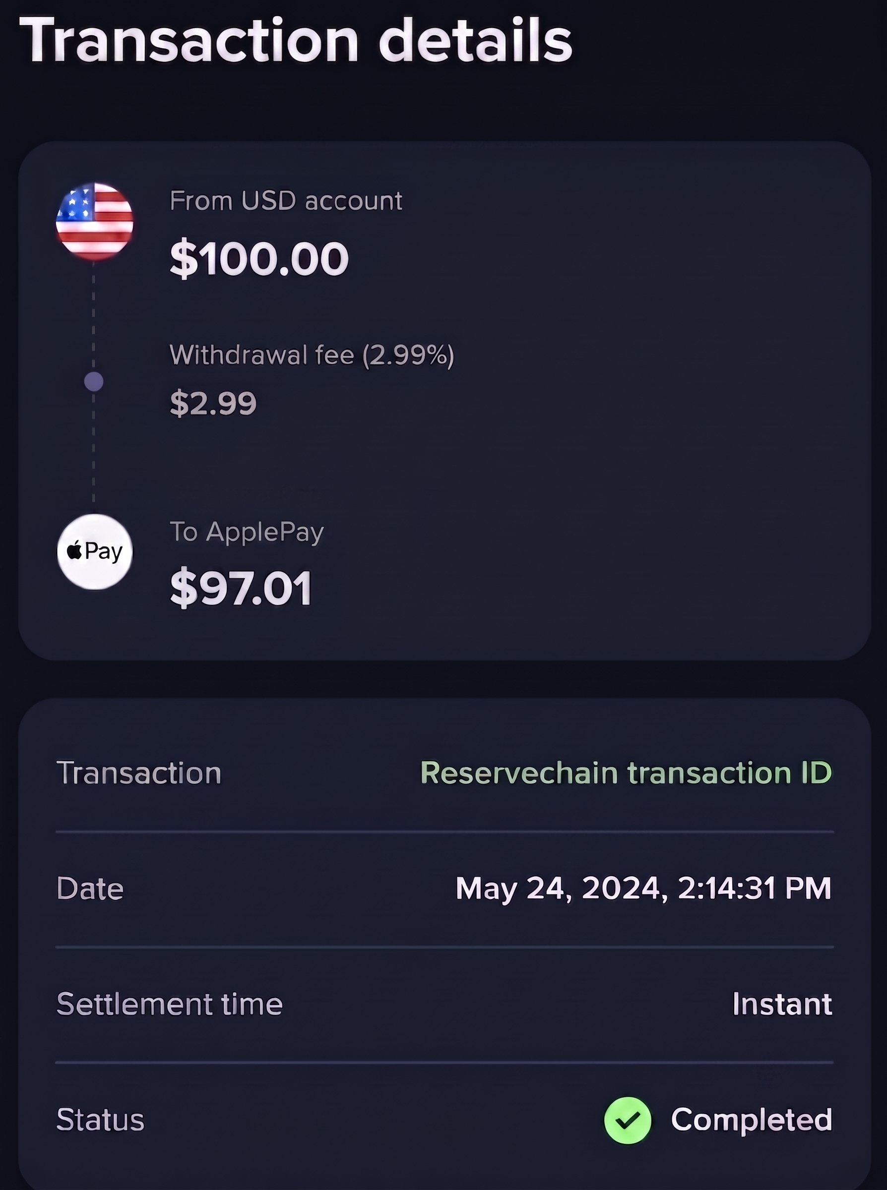 Apple Pay transaction completed confirmation