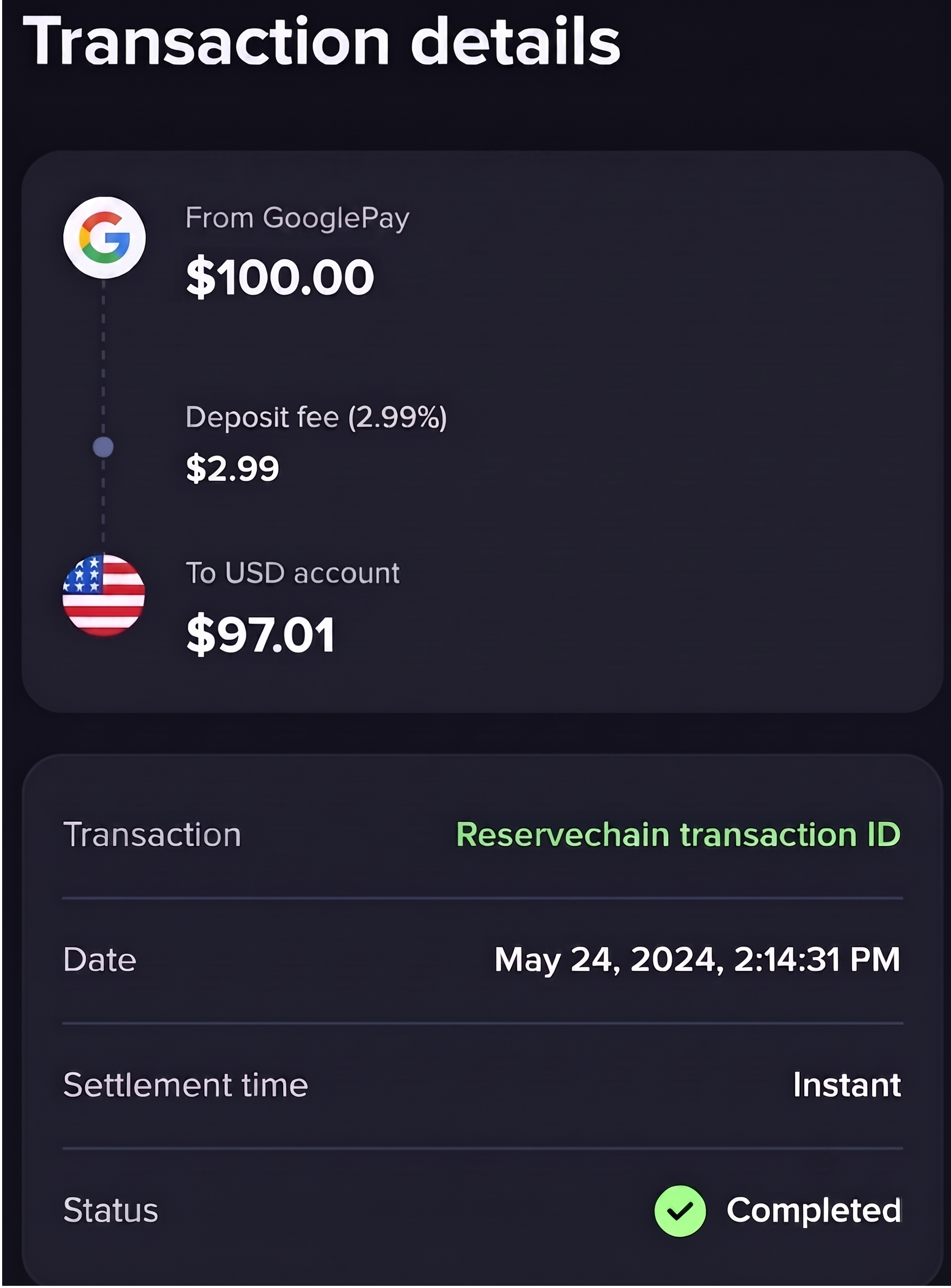 Google Pay transaction completed confirmation