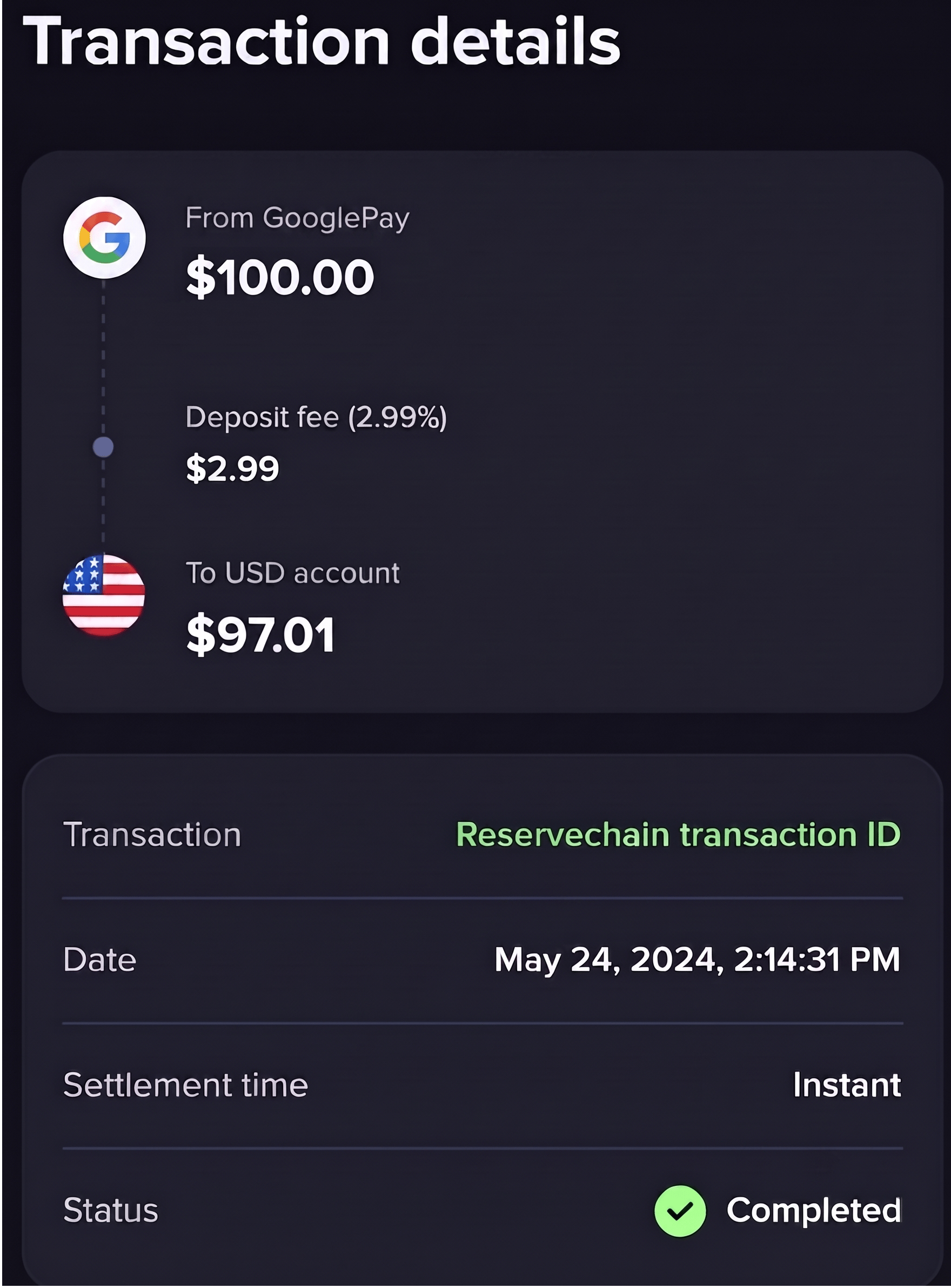 Google Pay transaction completed confirmation