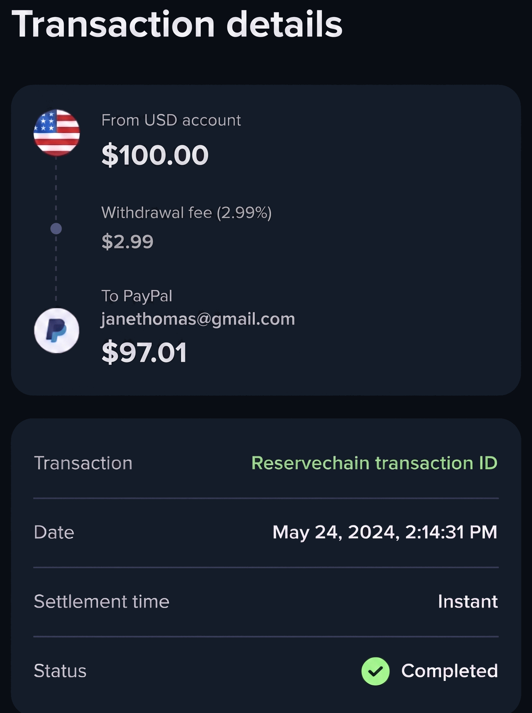 PayPal transaction completed confirmation