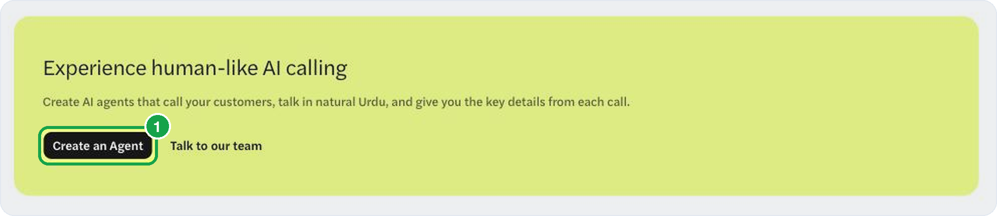 The calling home page with the Create an Agent button highlighted