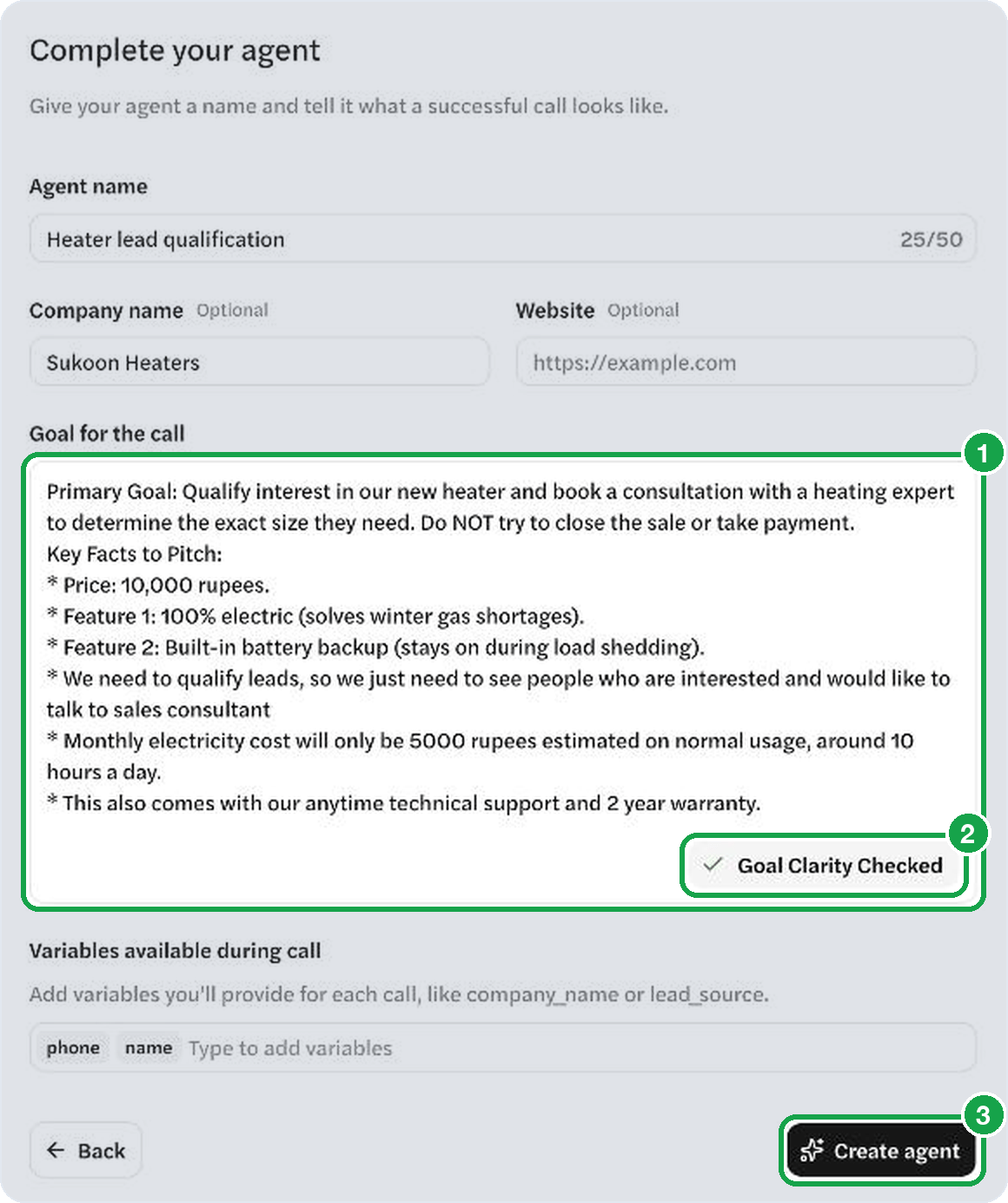 The agent form with a heater lead qualification goal, Check Goal Clarity and Create agent highlighted