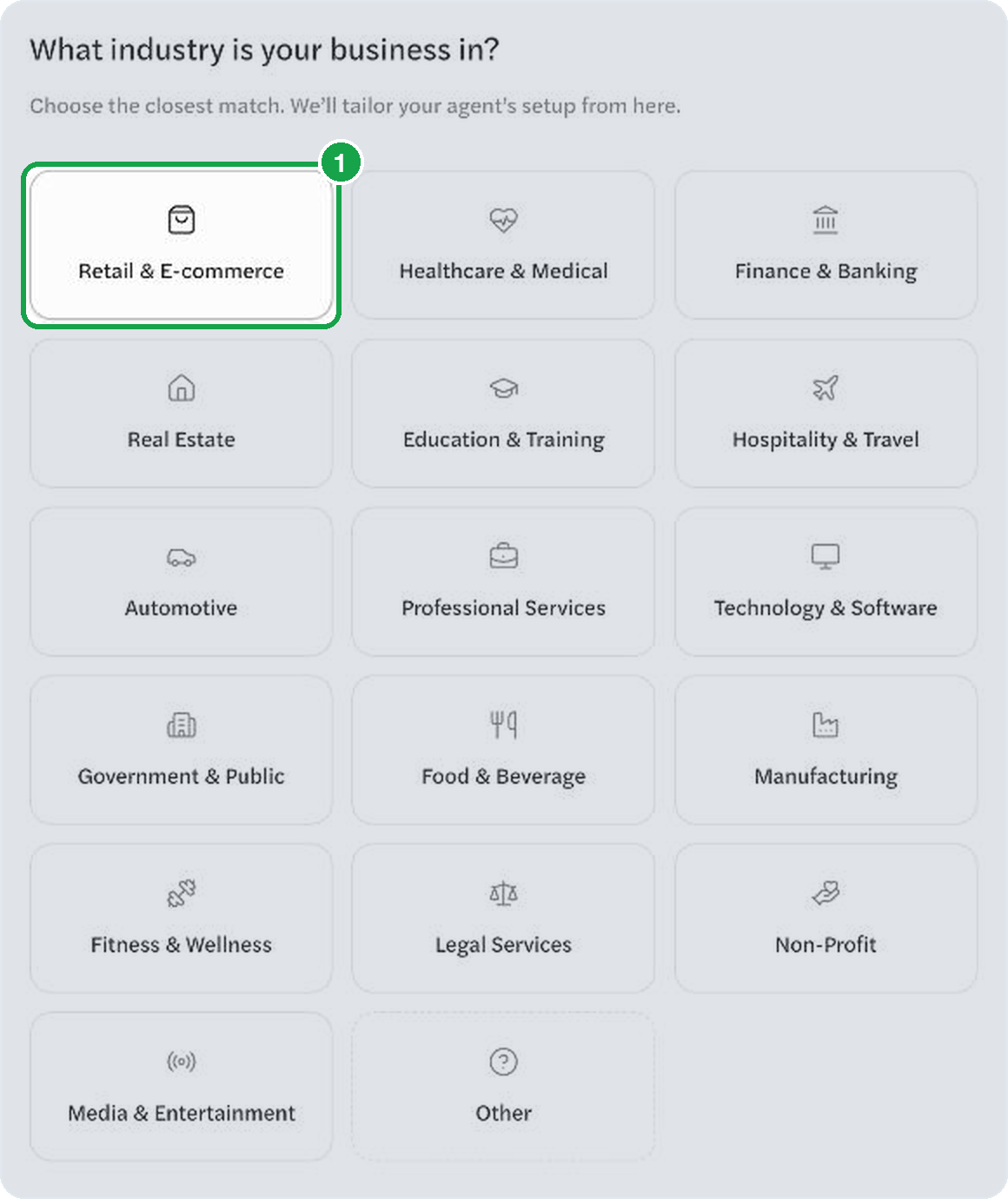 The industry picker with Retail & E-commerce selected