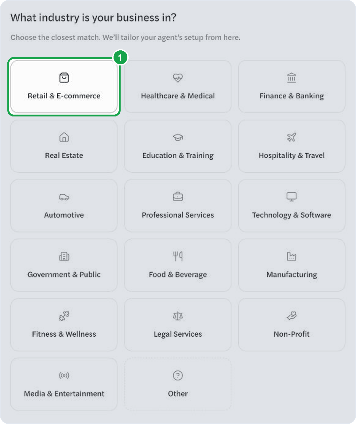 The industry picker with Retail & E-commerce selected