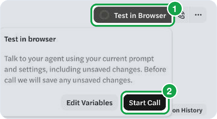 The Test in Browser button and its Start Call popover