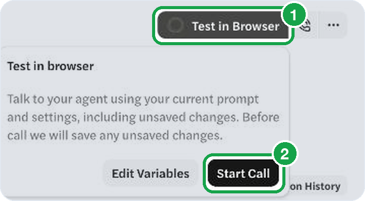 The Test in Browser button and its Start Call popover