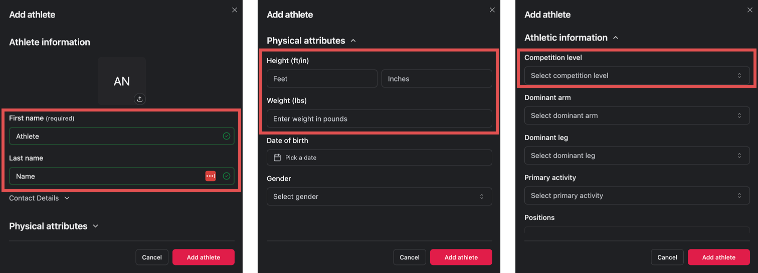 web platform add athlete modal