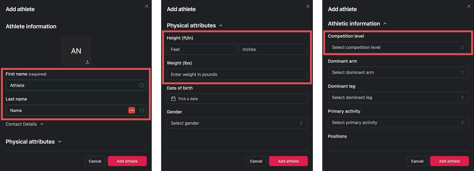 web platform add athlete modal