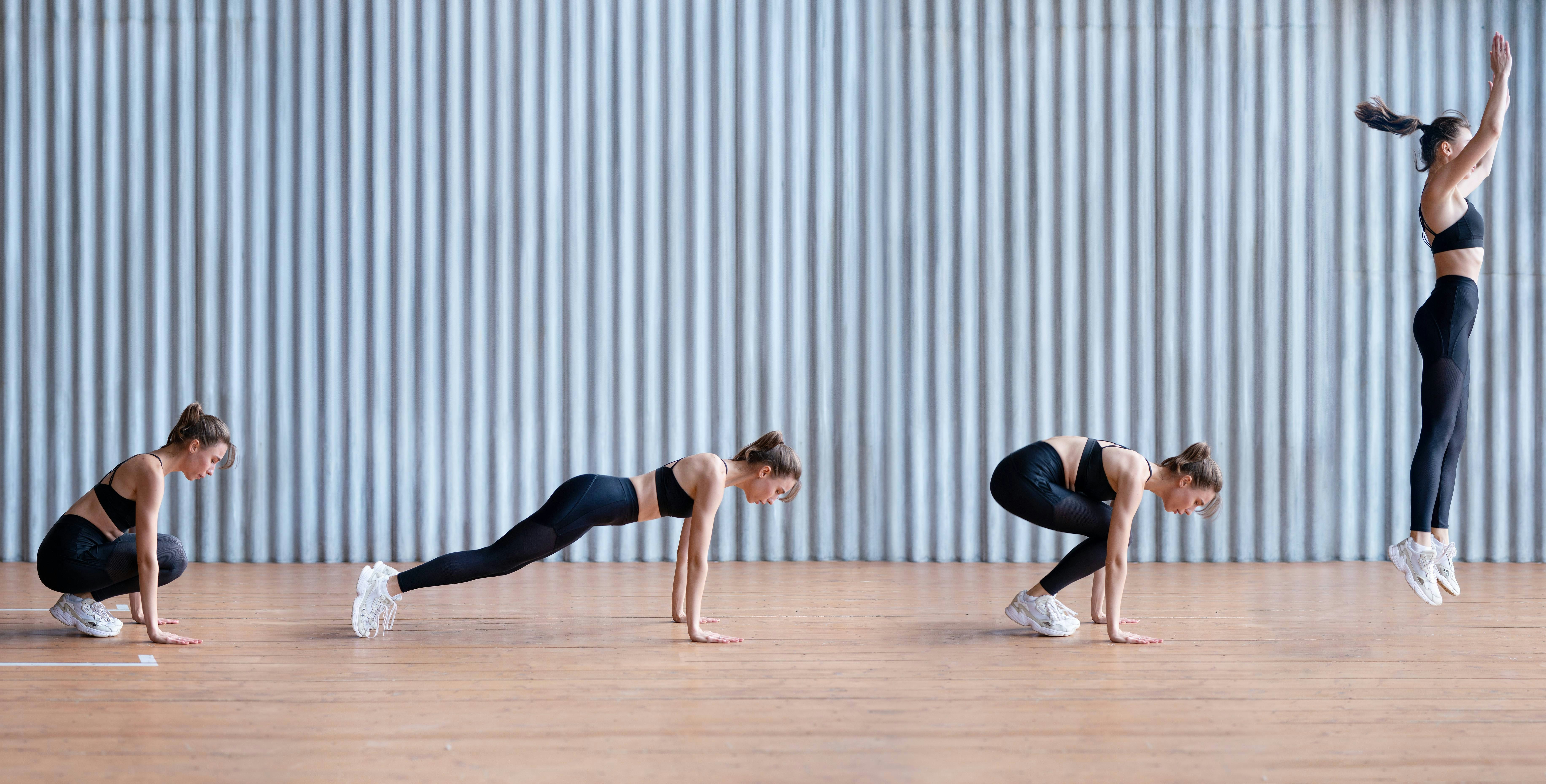 4 images of a woman doing a burpee