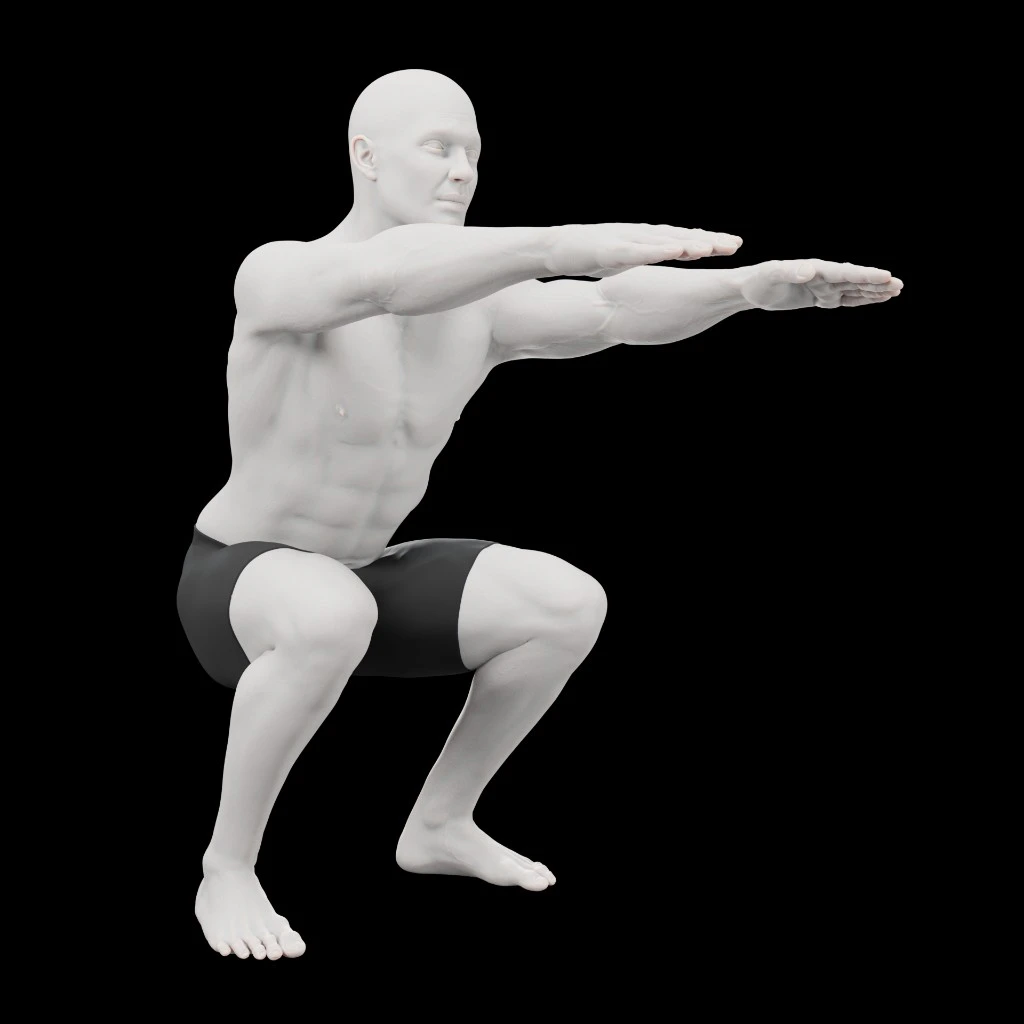 Example image of a man doing a bodyweight squat, bottom position