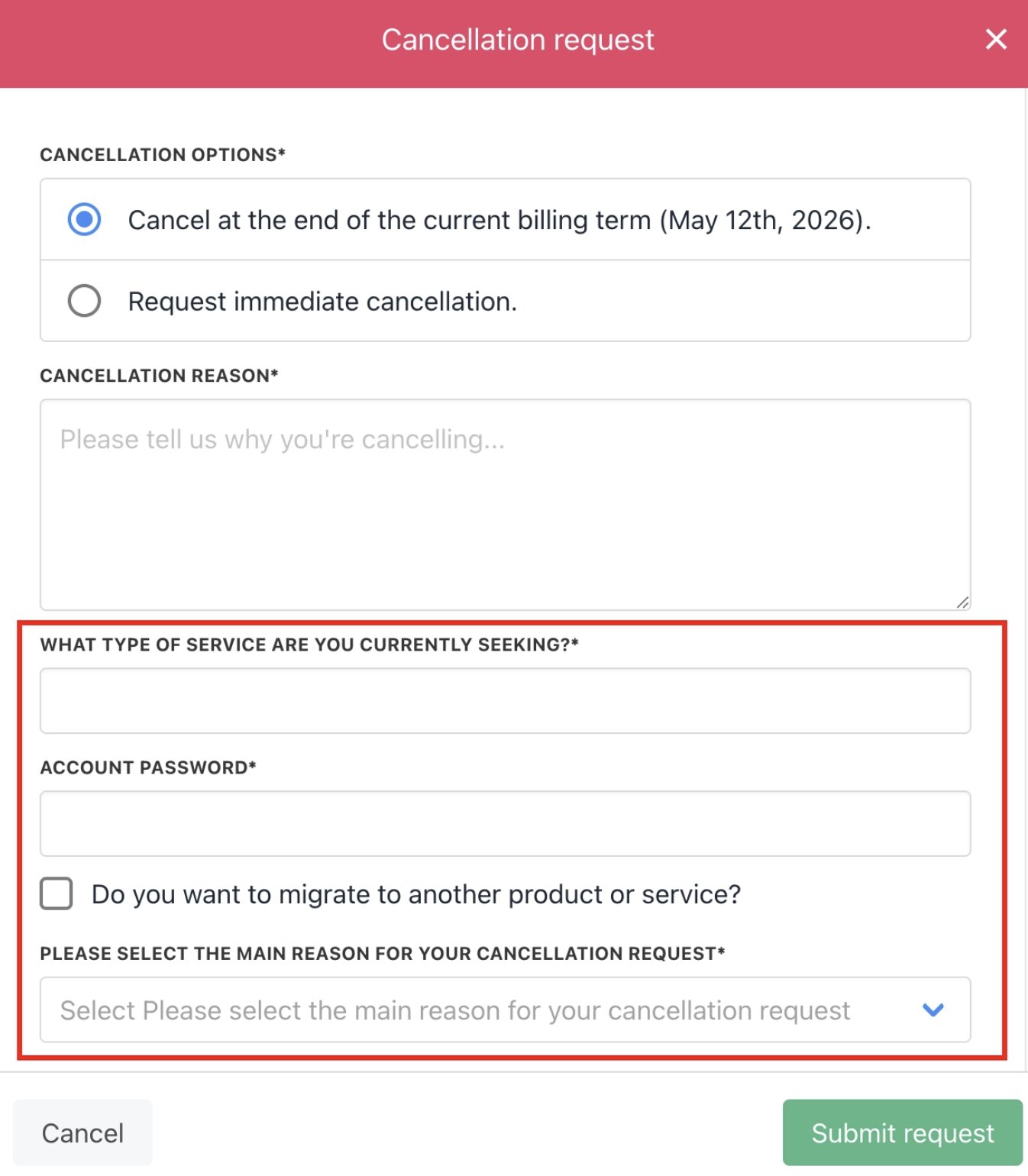 Custom cancellation field examples
