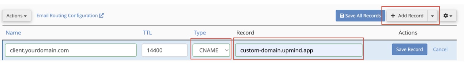 Make sure the Type is CNAME and paste Upmind CNAME to the Record