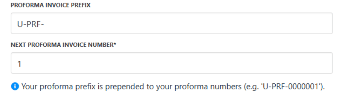 Proforma invoice number and prefix