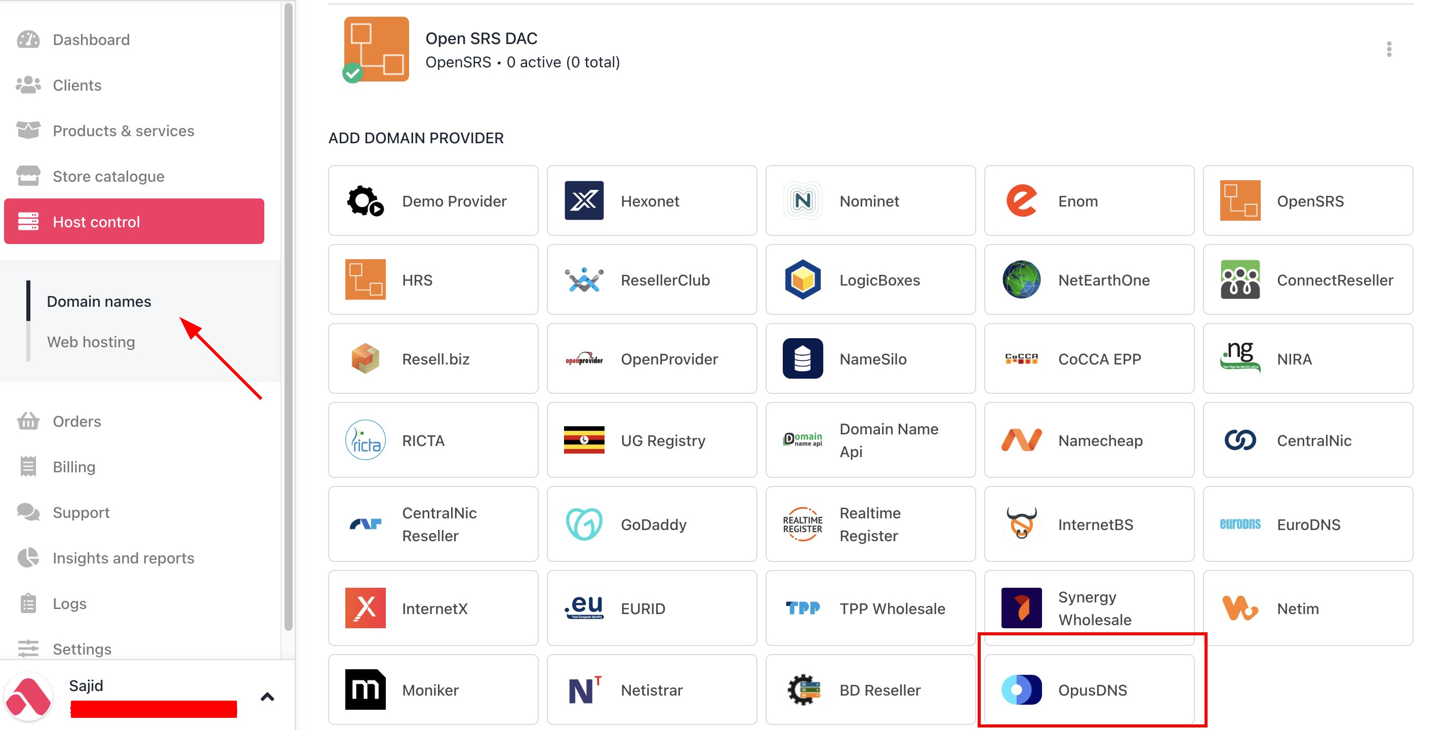 Host Control > Domain names > Registrars