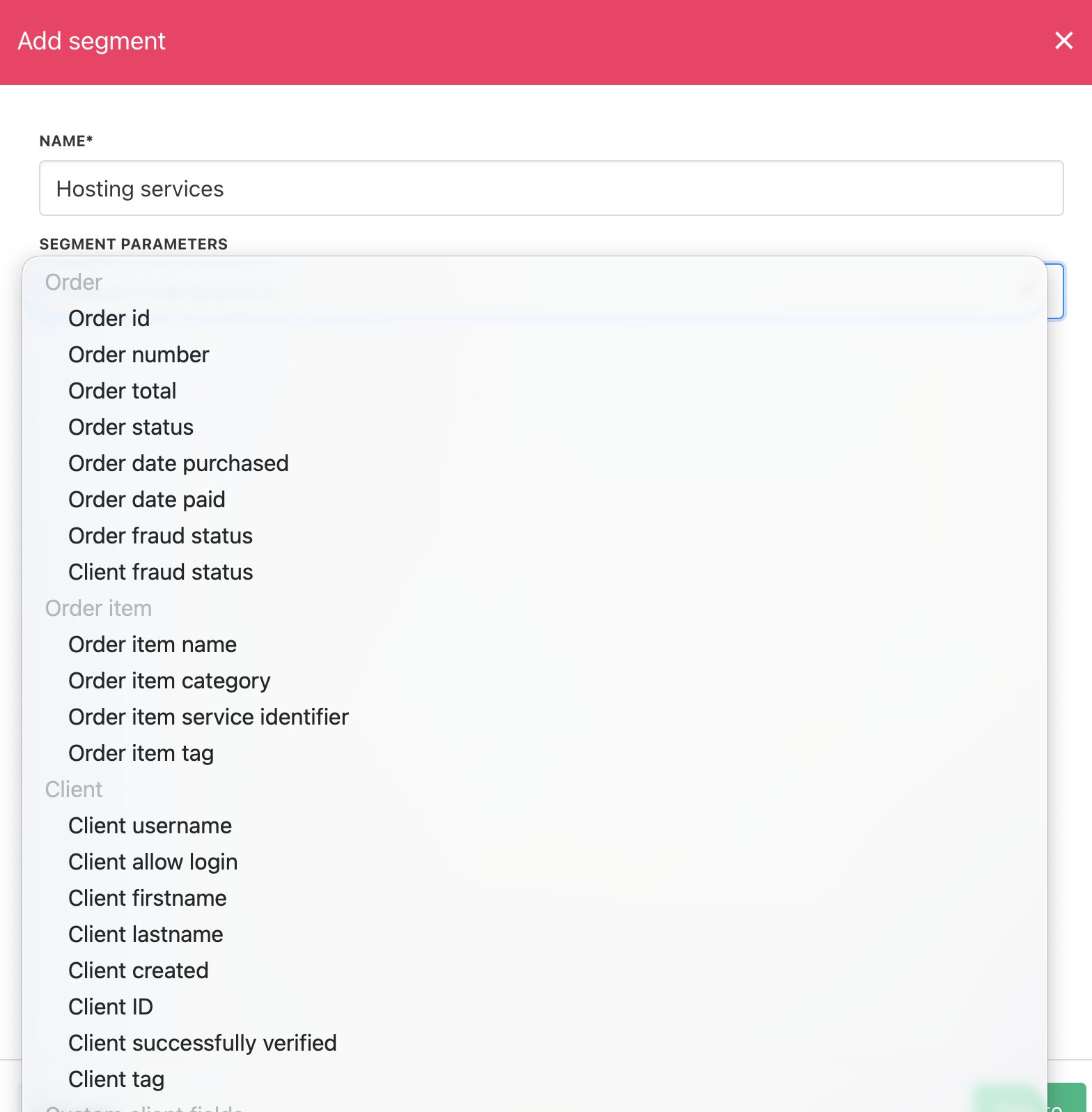 Segments on the drop-down menu