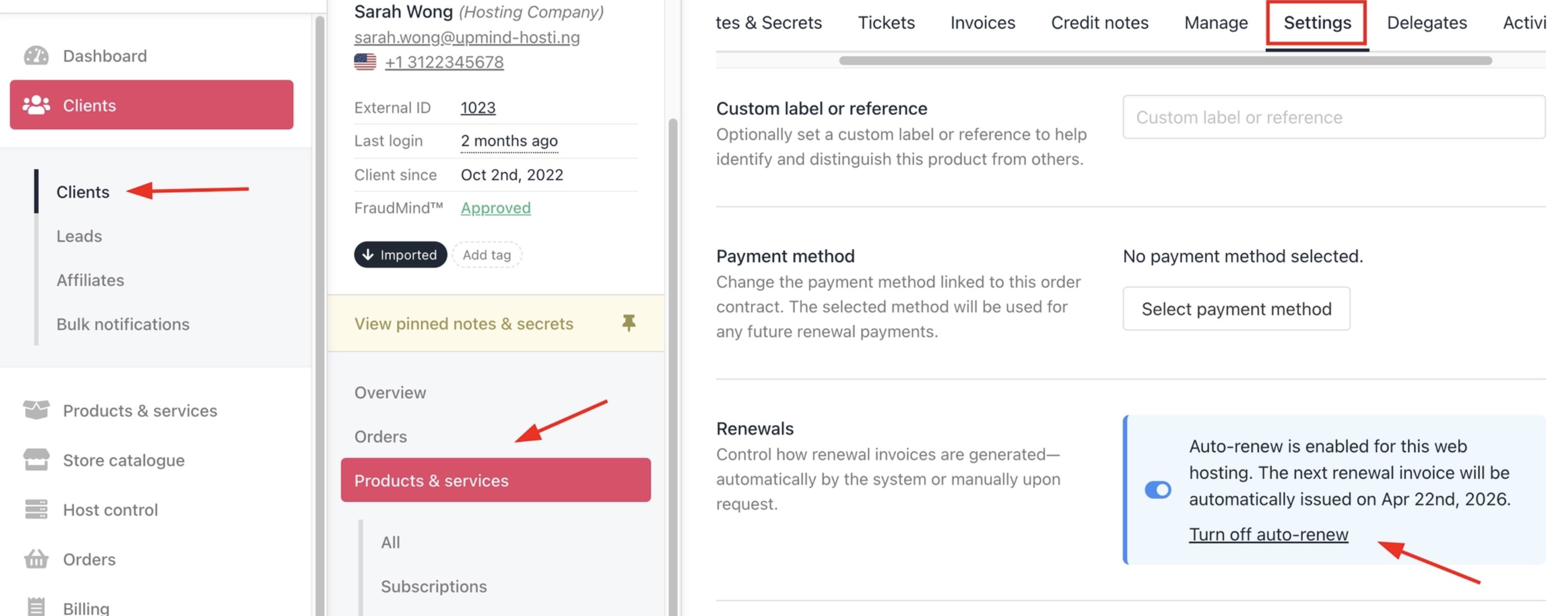 Clients > Products & Services > Settings > Turn off auto-renew link
