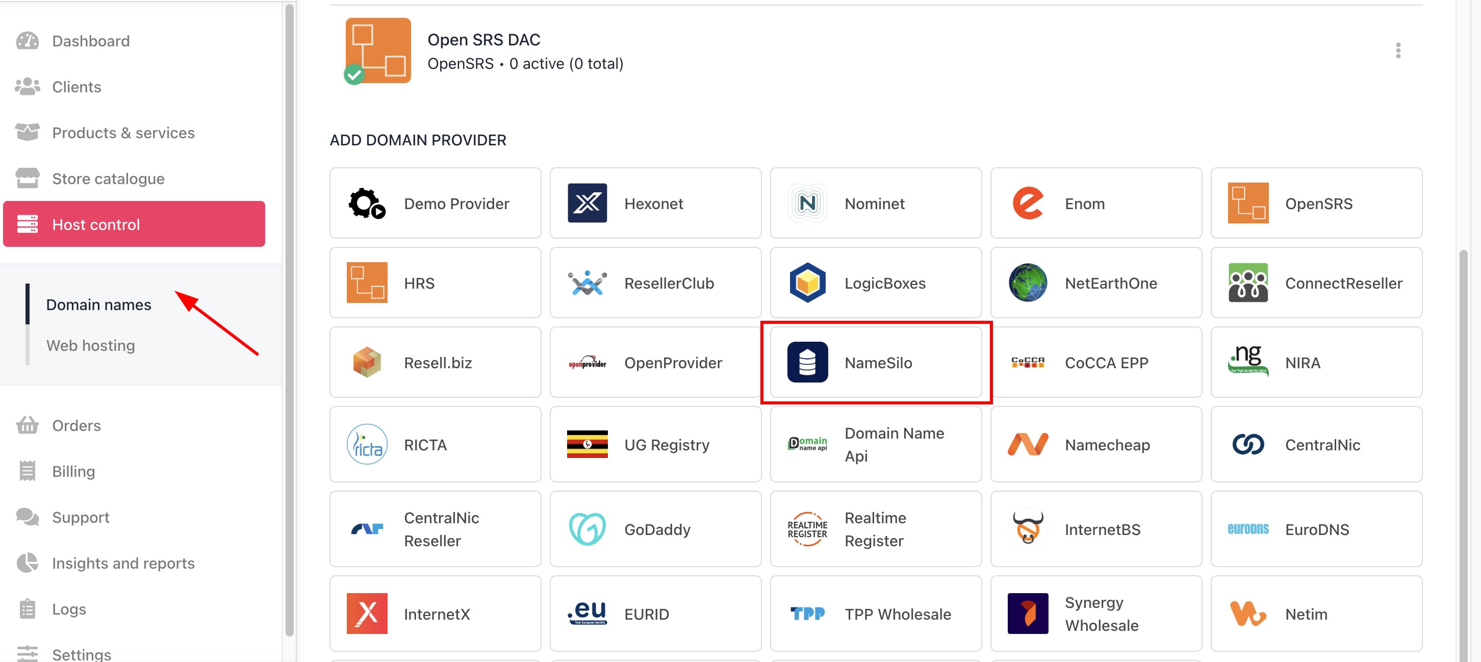 Host Control > Domain names > Registrars