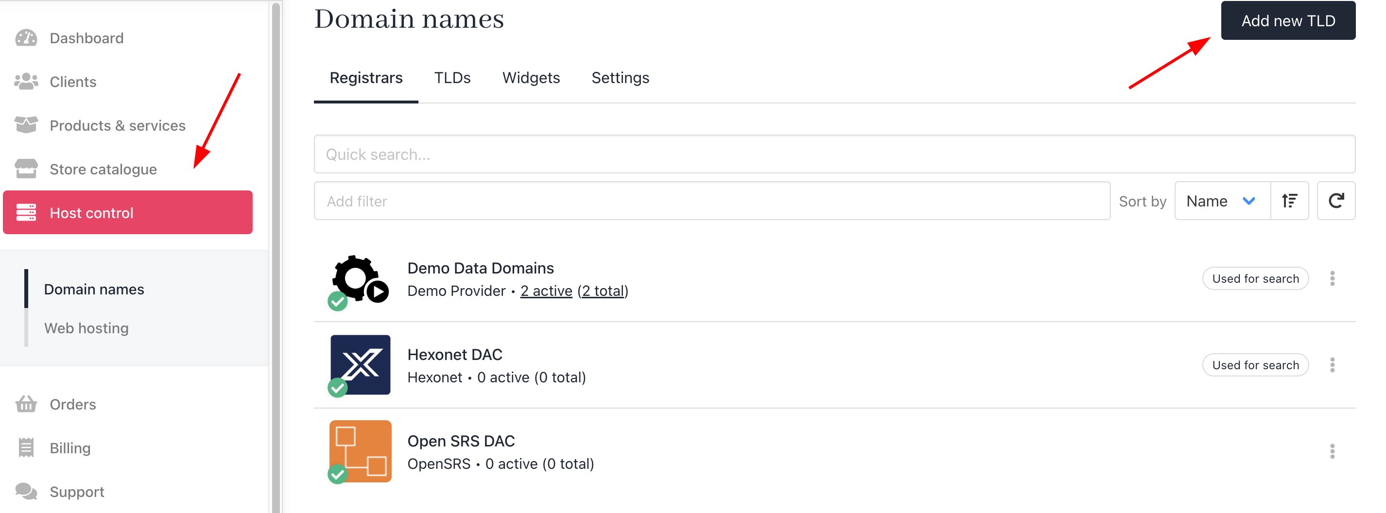 Host Control > Add new TLD