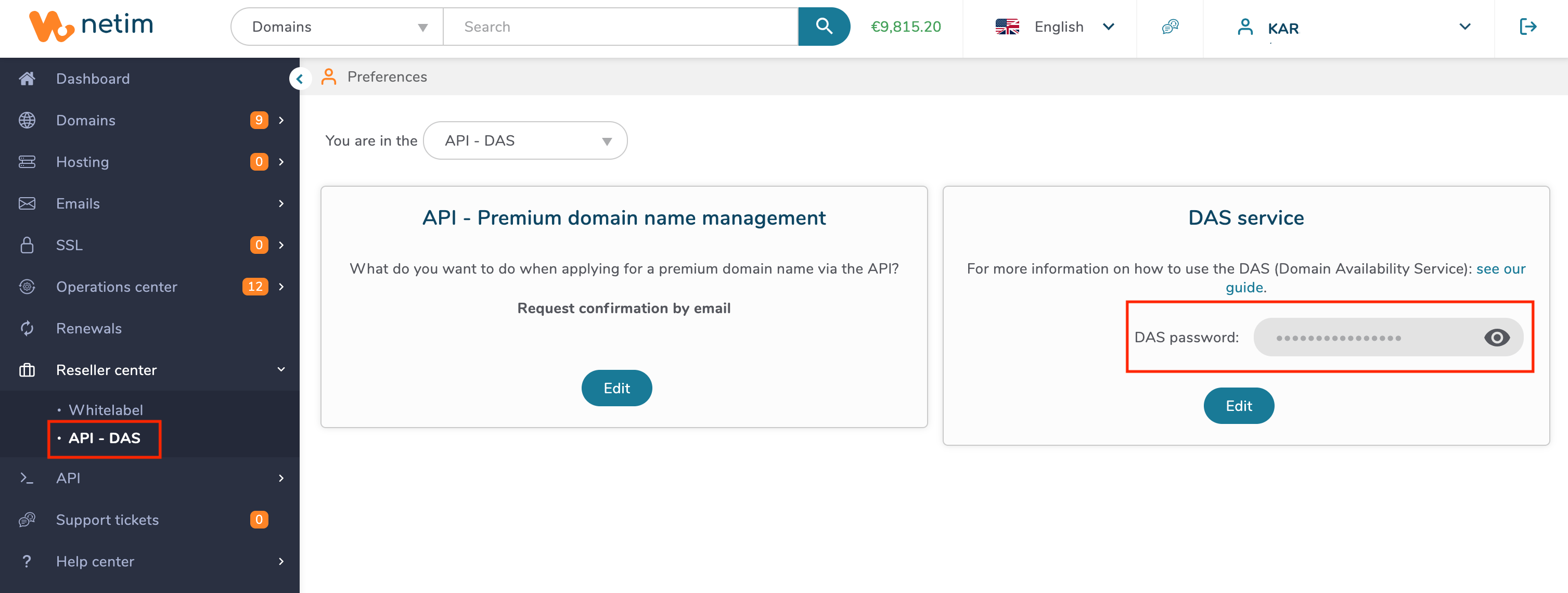 Reseller center → API - DAS