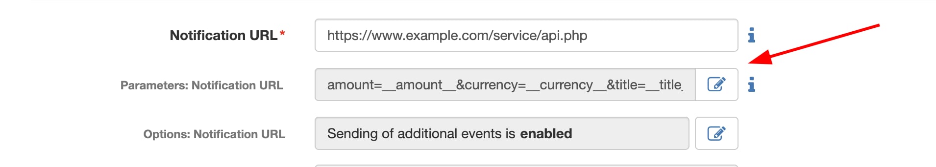 Parameters: Notification URL > Edit