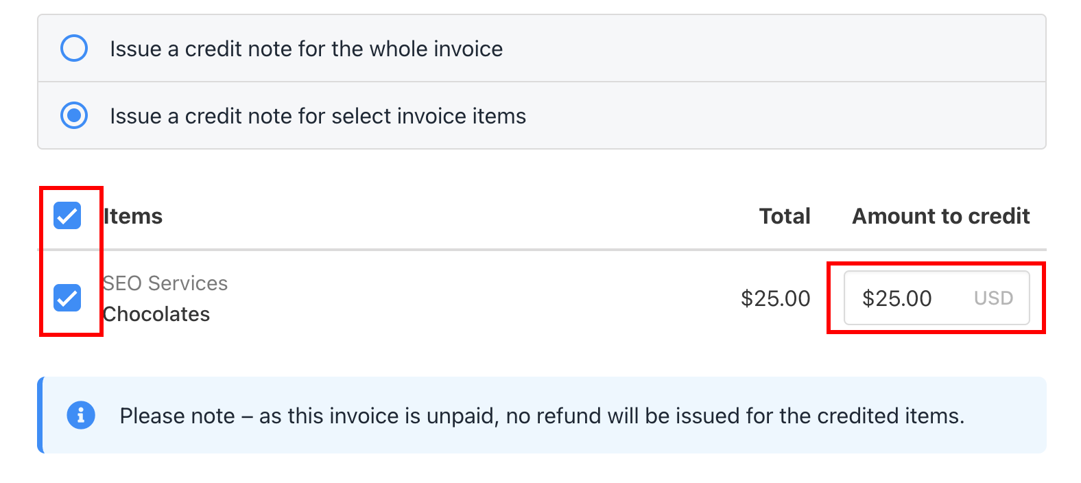 Select invoice items