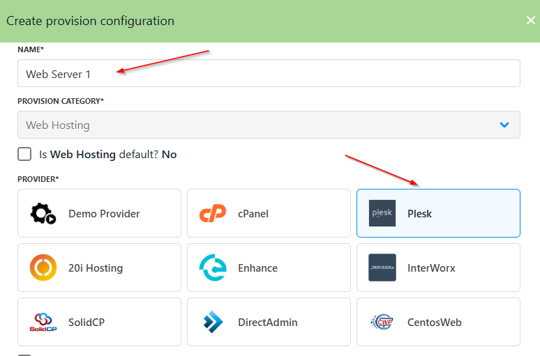Add the web server name and choose a provider