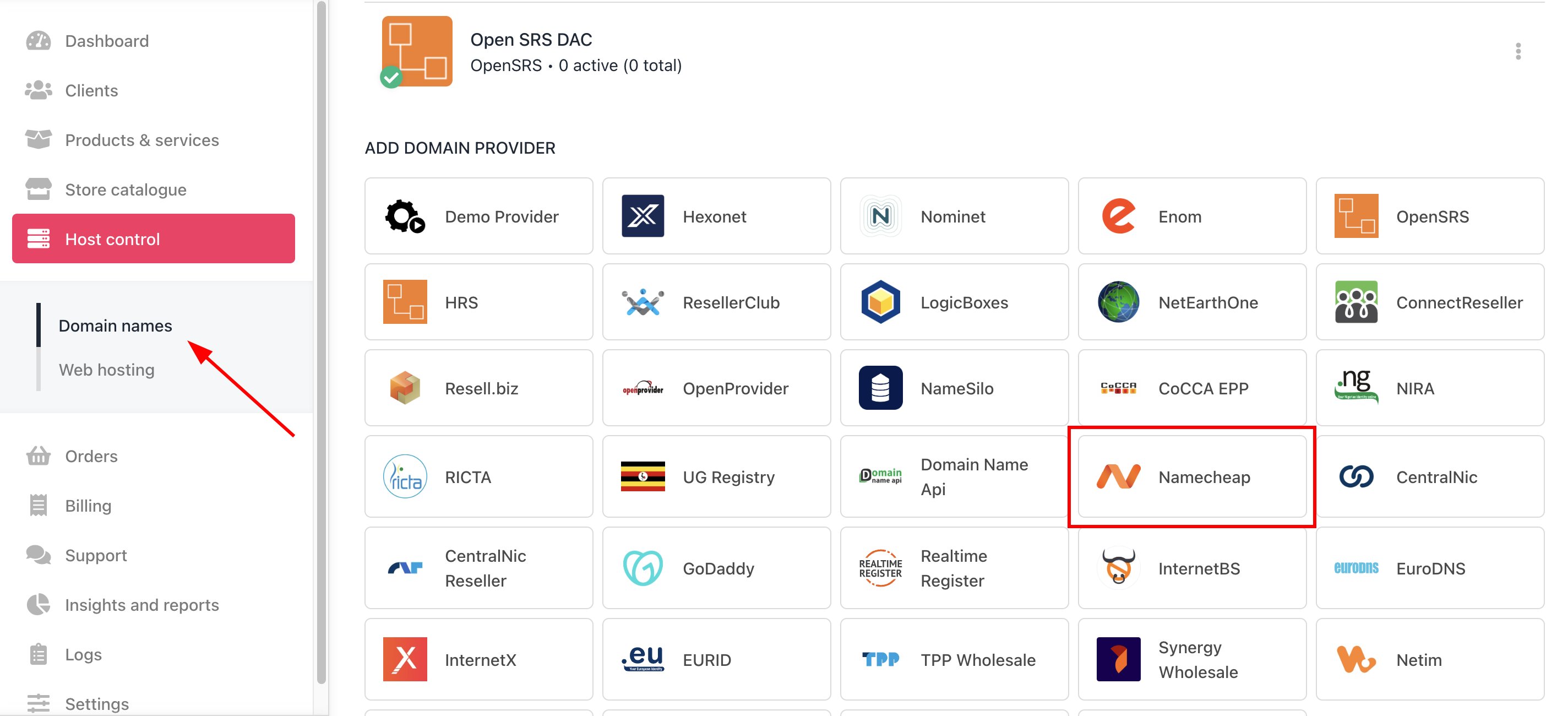 Host Control > Domain names > Registrars