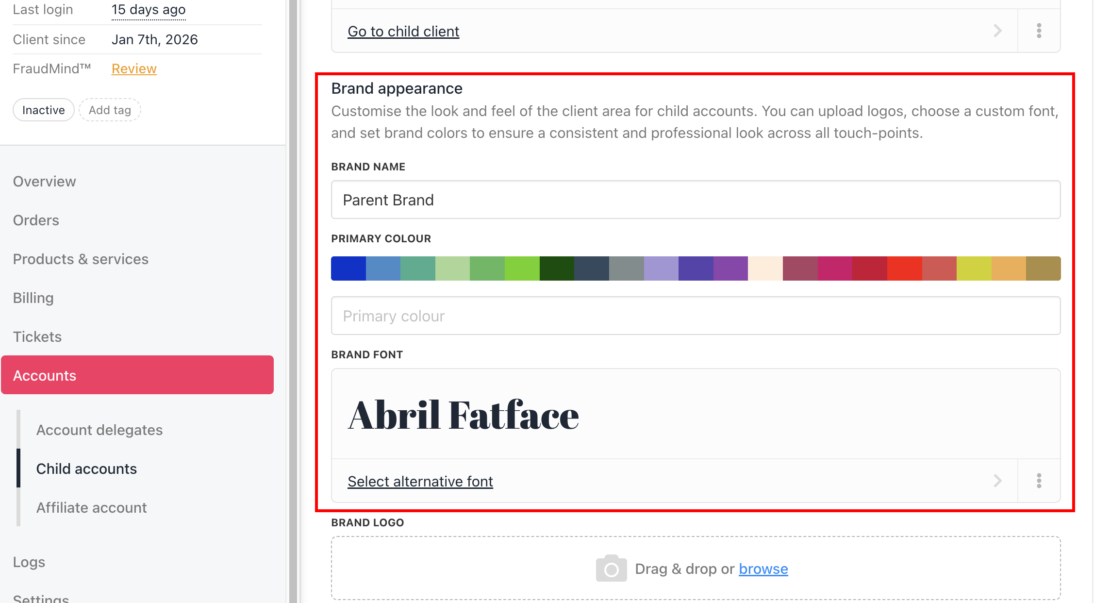 Parent Client Brand Appearance Settings in Admin Area