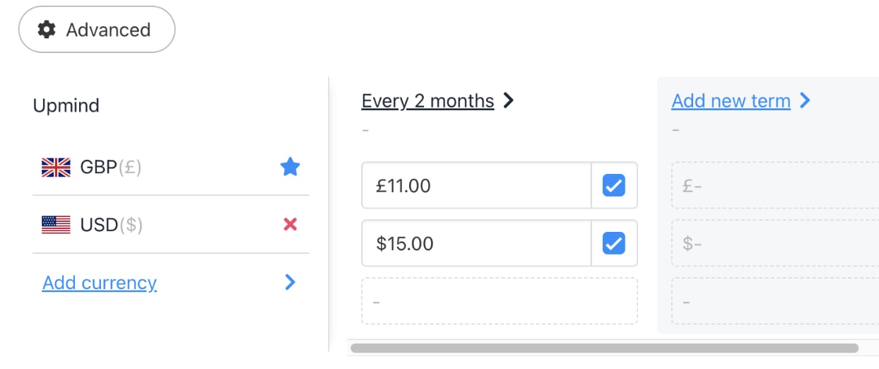 Enter price for each currency