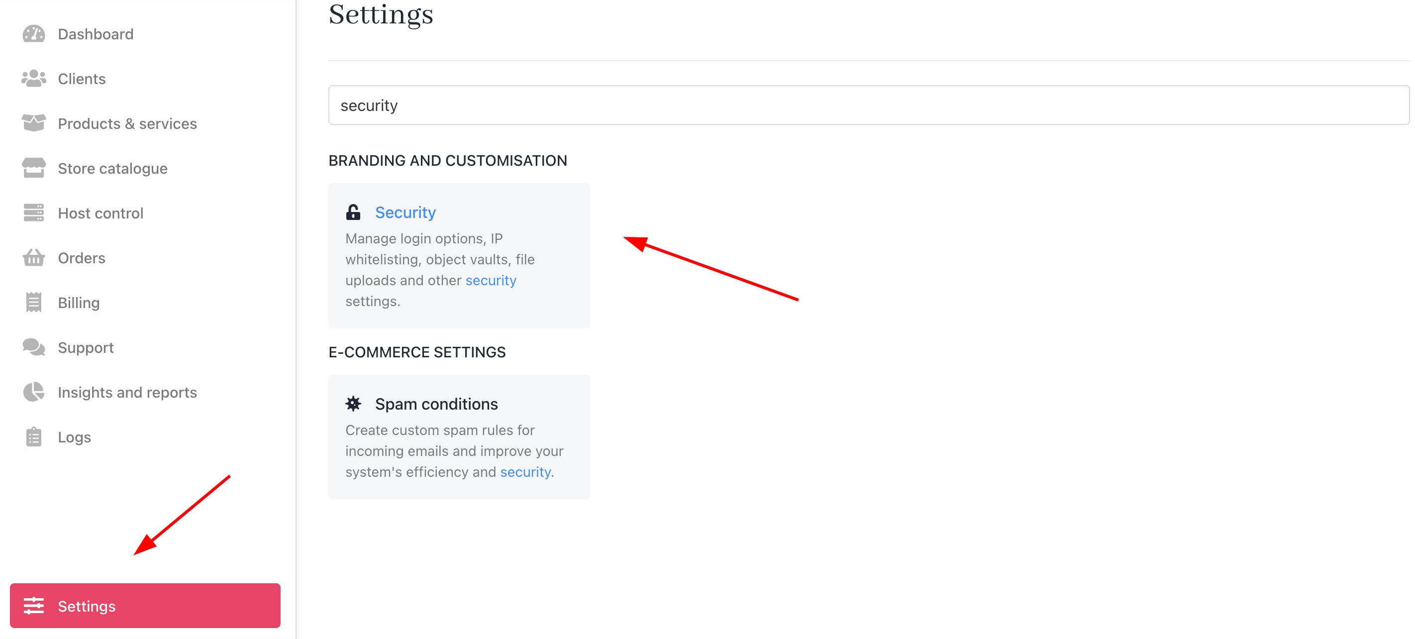 Settings > Branding and Customisation > Security
