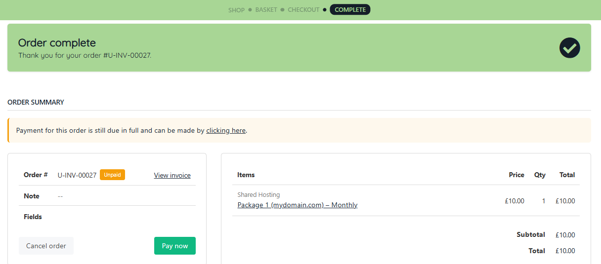 Completed order