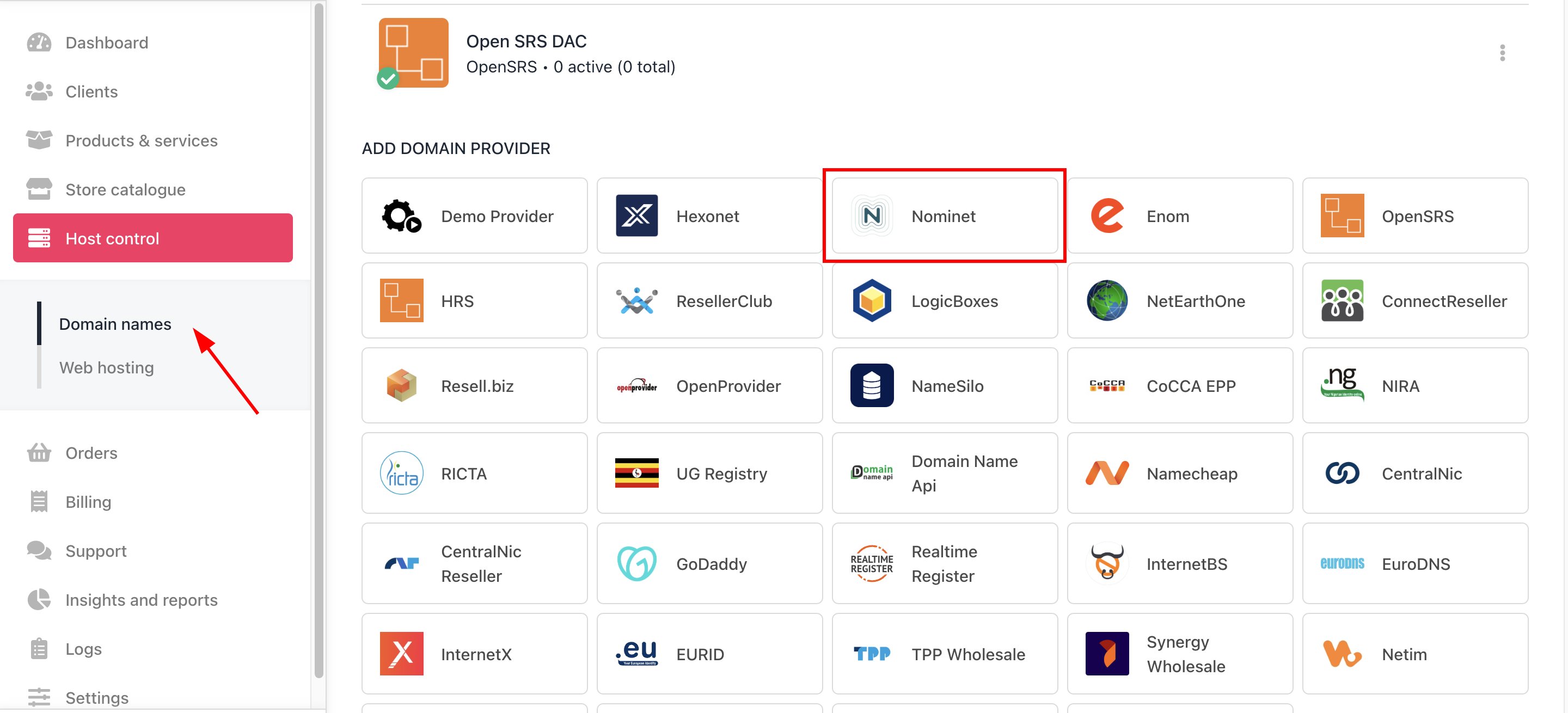 Host Control > Domain names > Registrars