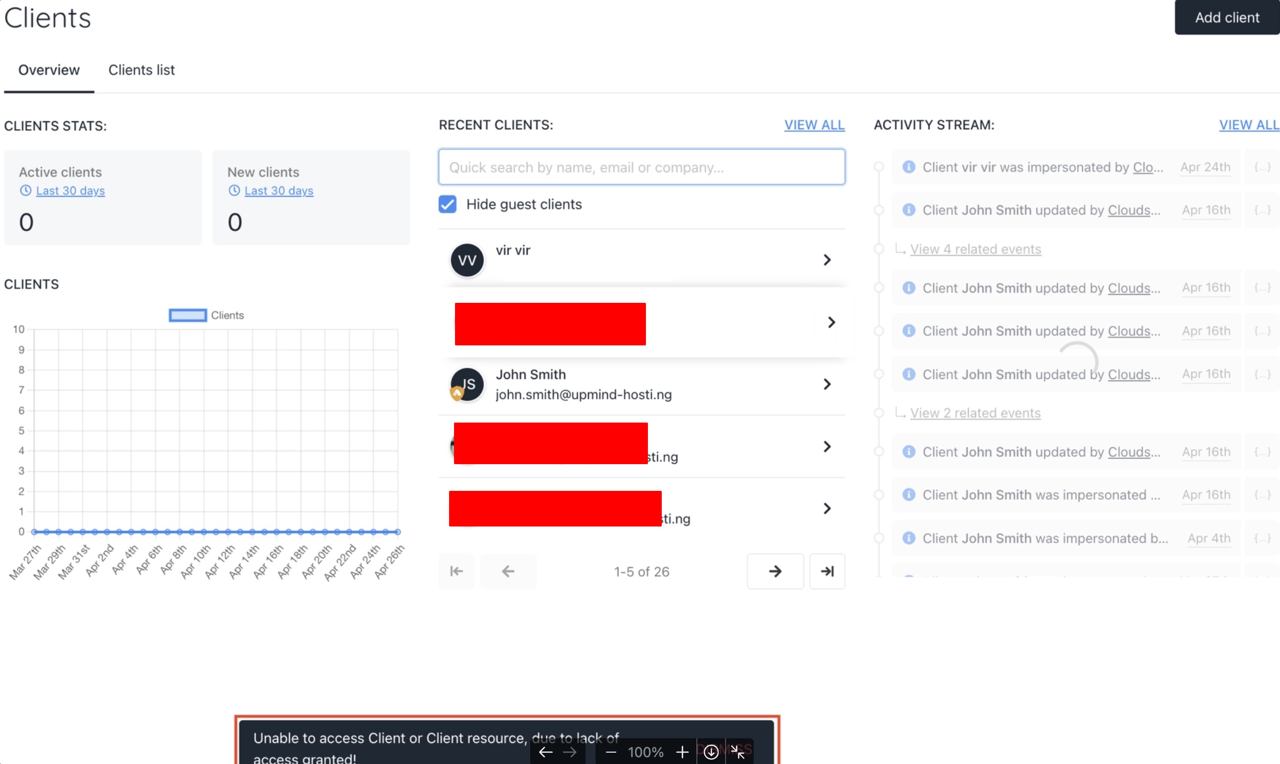 Client section in the admin area