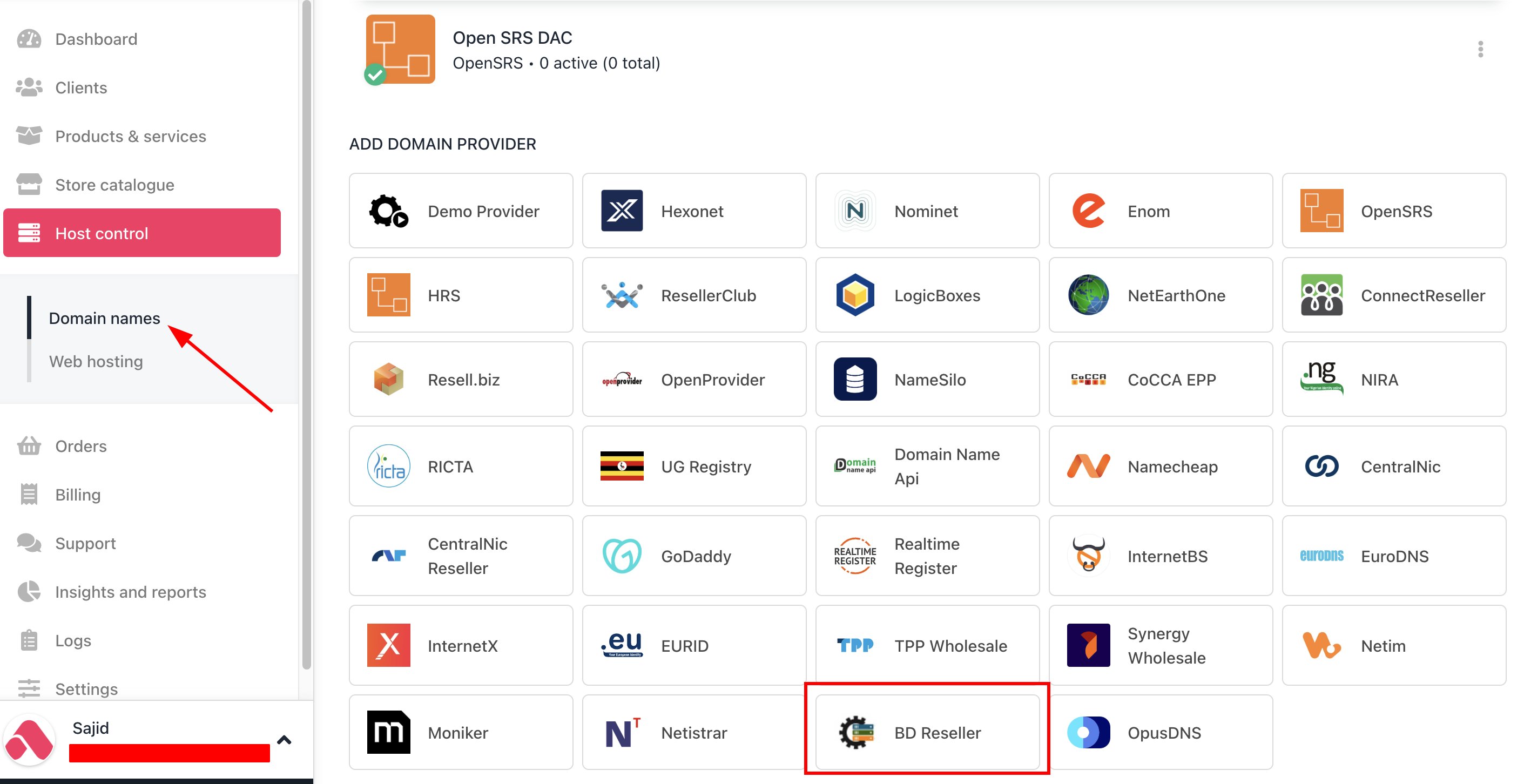 Host Control > Domain names > Registrars