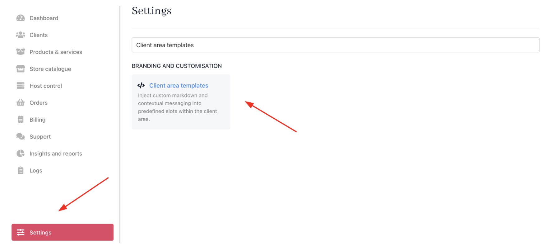 Settings > Branding and customisation > Client area templates