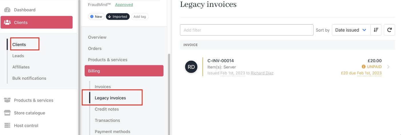 Clients > Billing > Legacy invoices