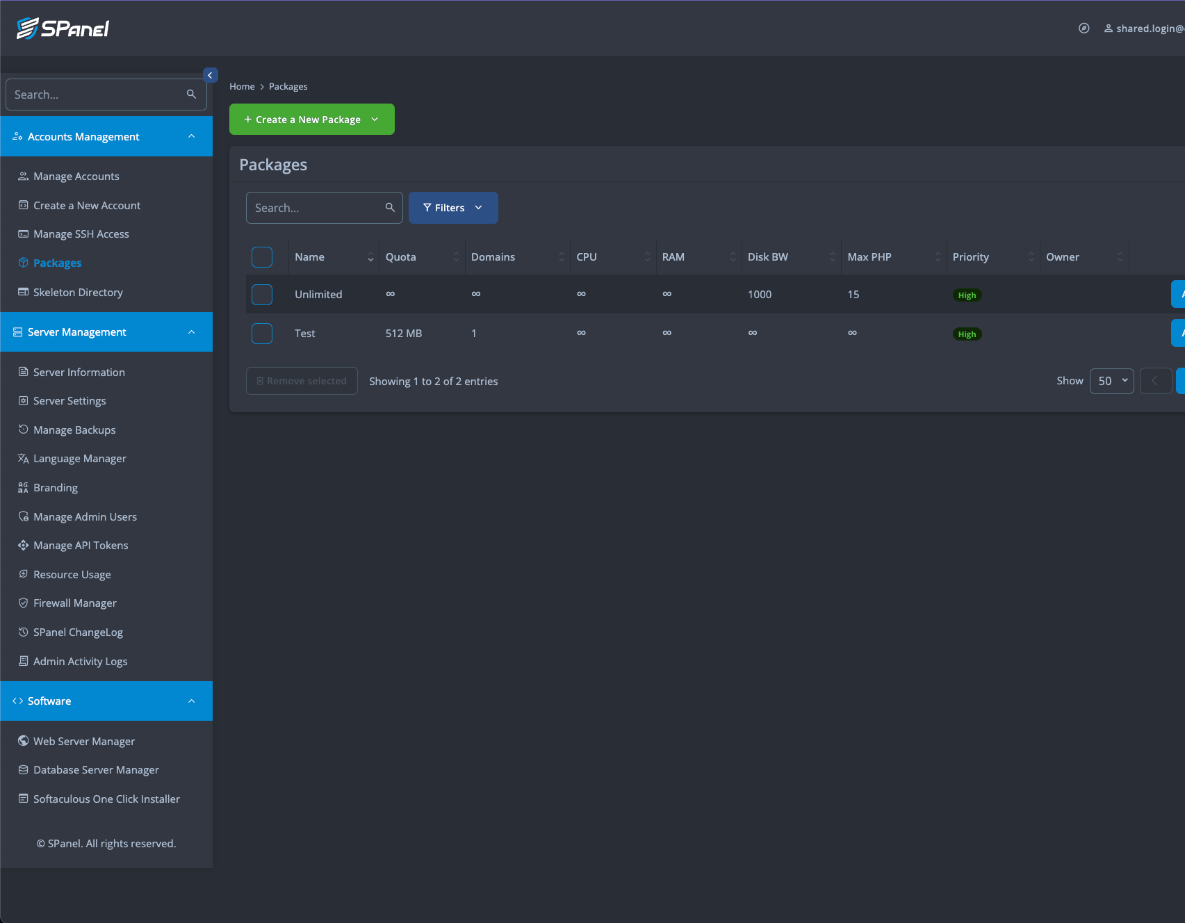 Account Management > Packages