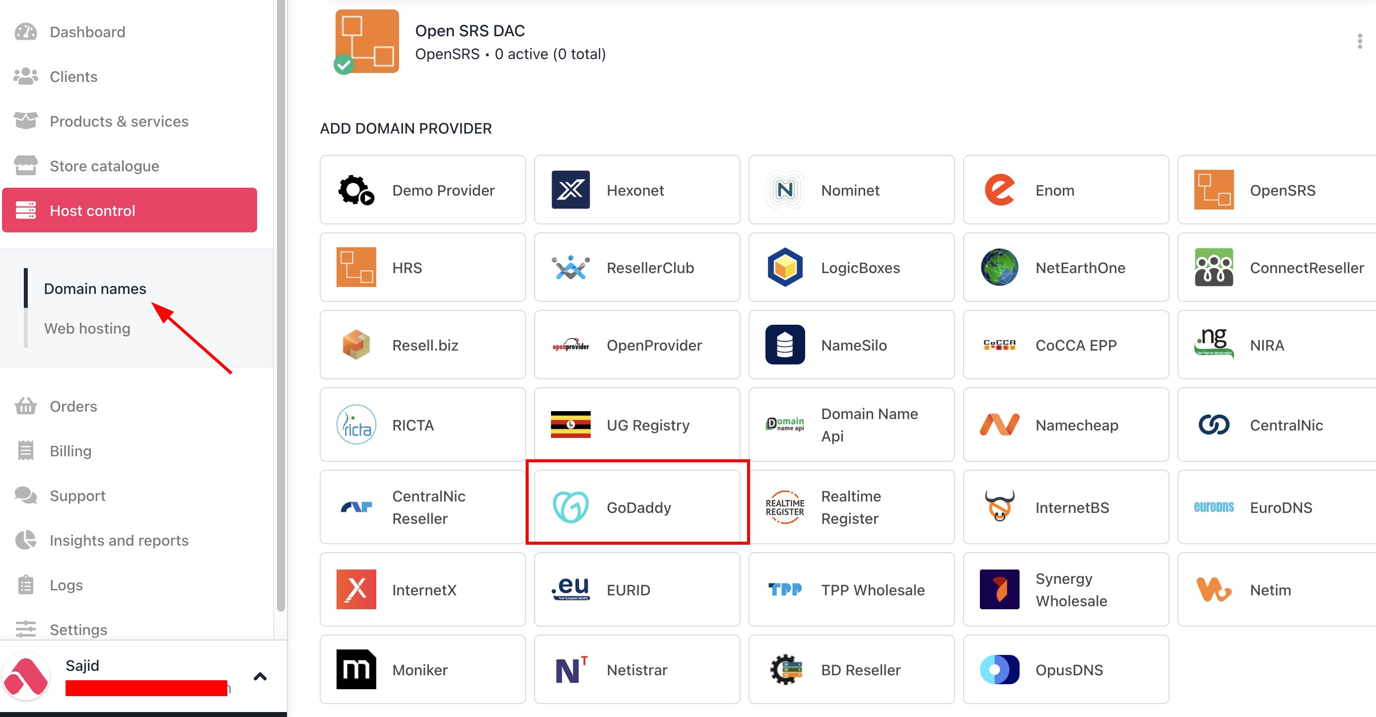 Host Control > Domain names > Registrars