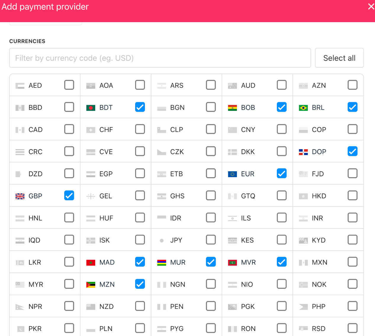 Either choose some or all currencies here