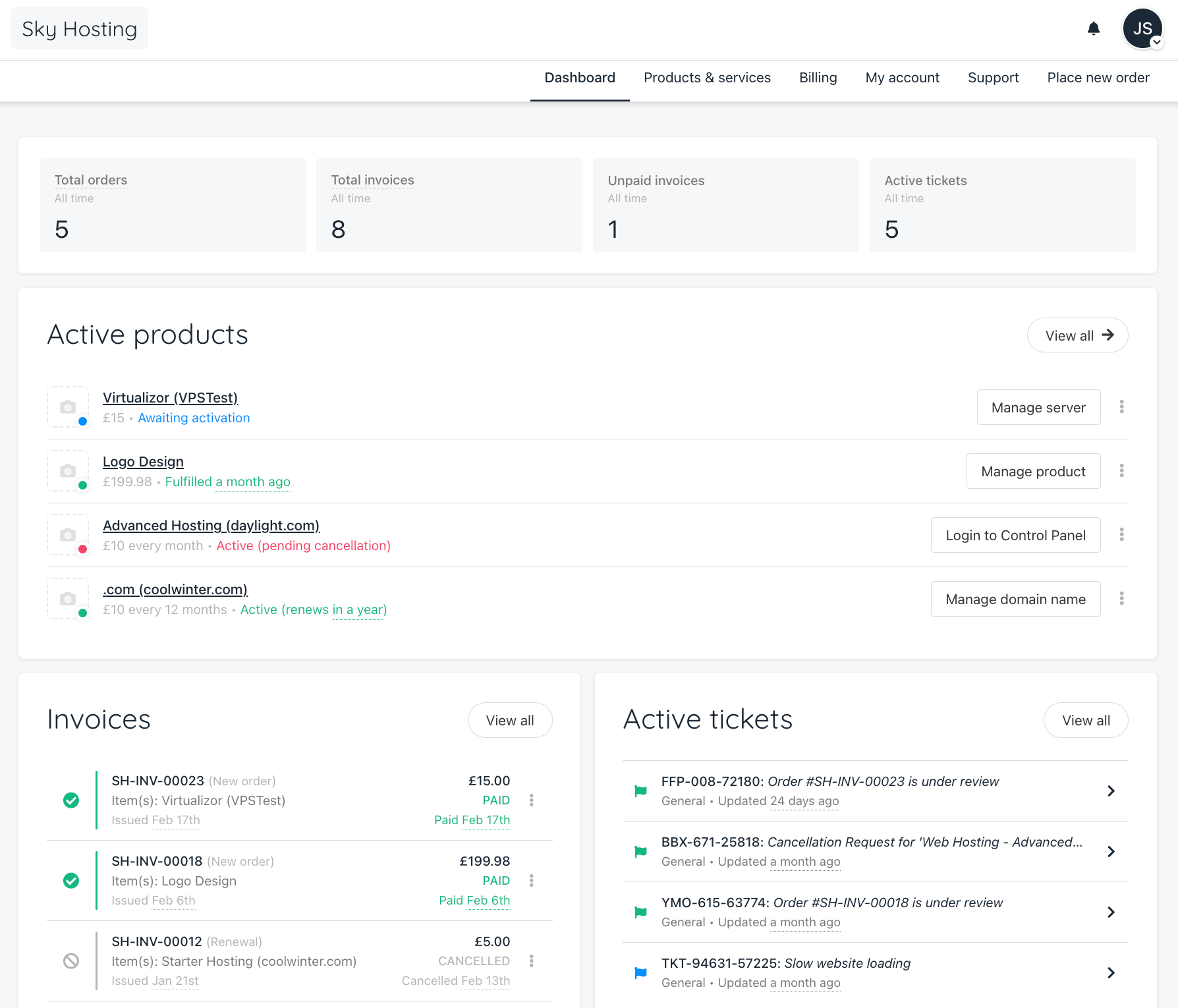 Client area dashboard