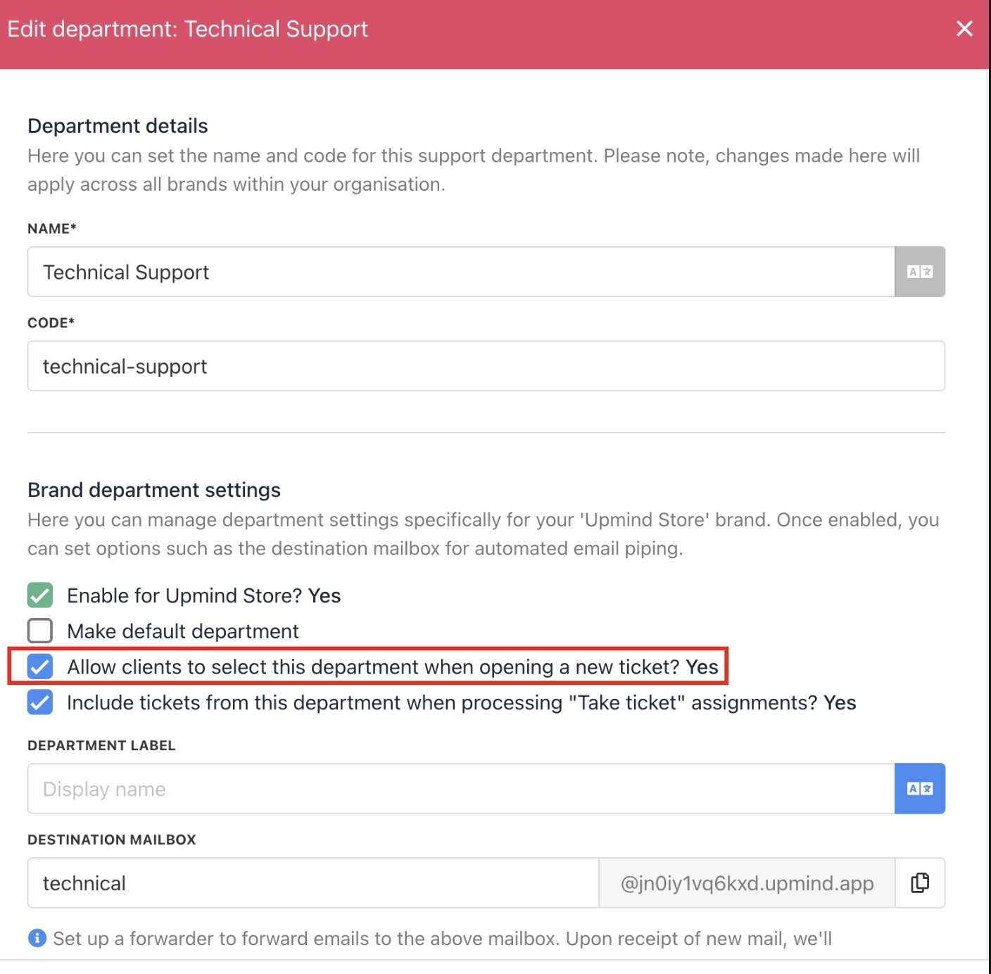 Enable allow clients to select this department when creating a ticket