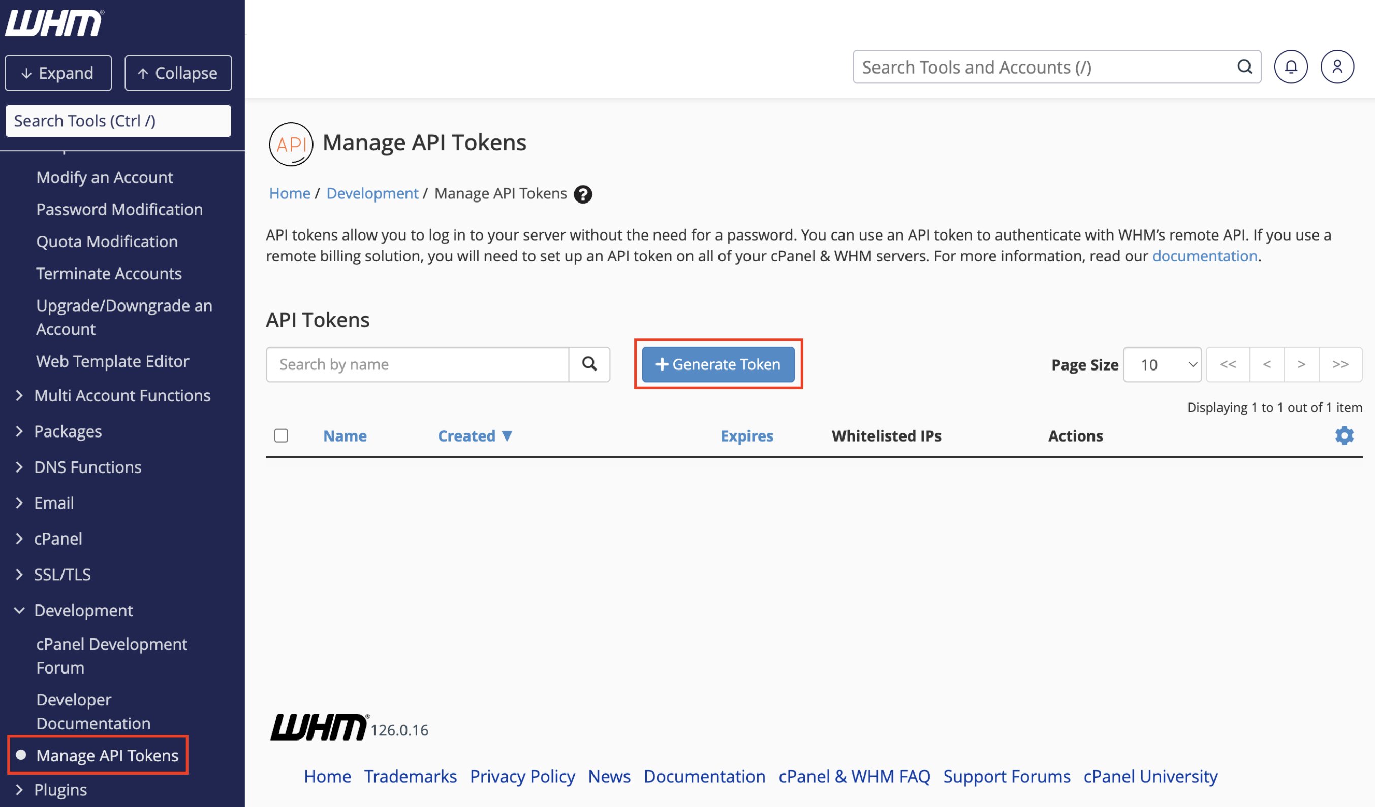 Manage API Tokens > Generate Token