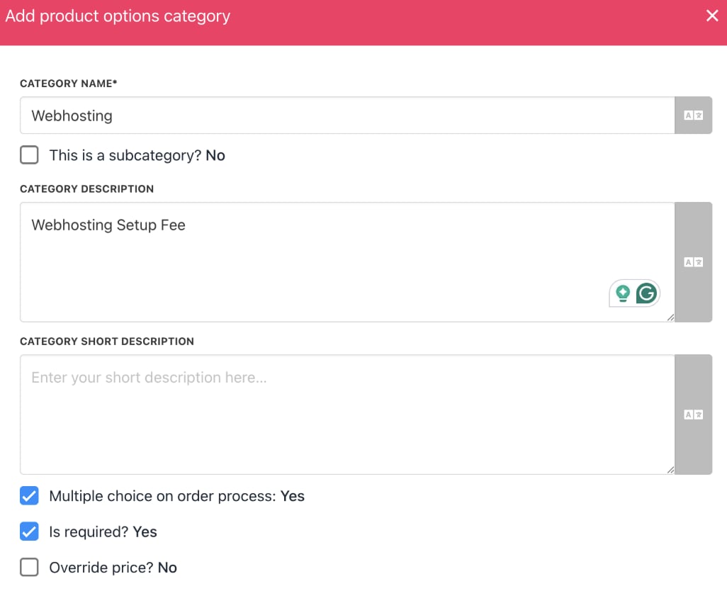 Add a subcategory of product option