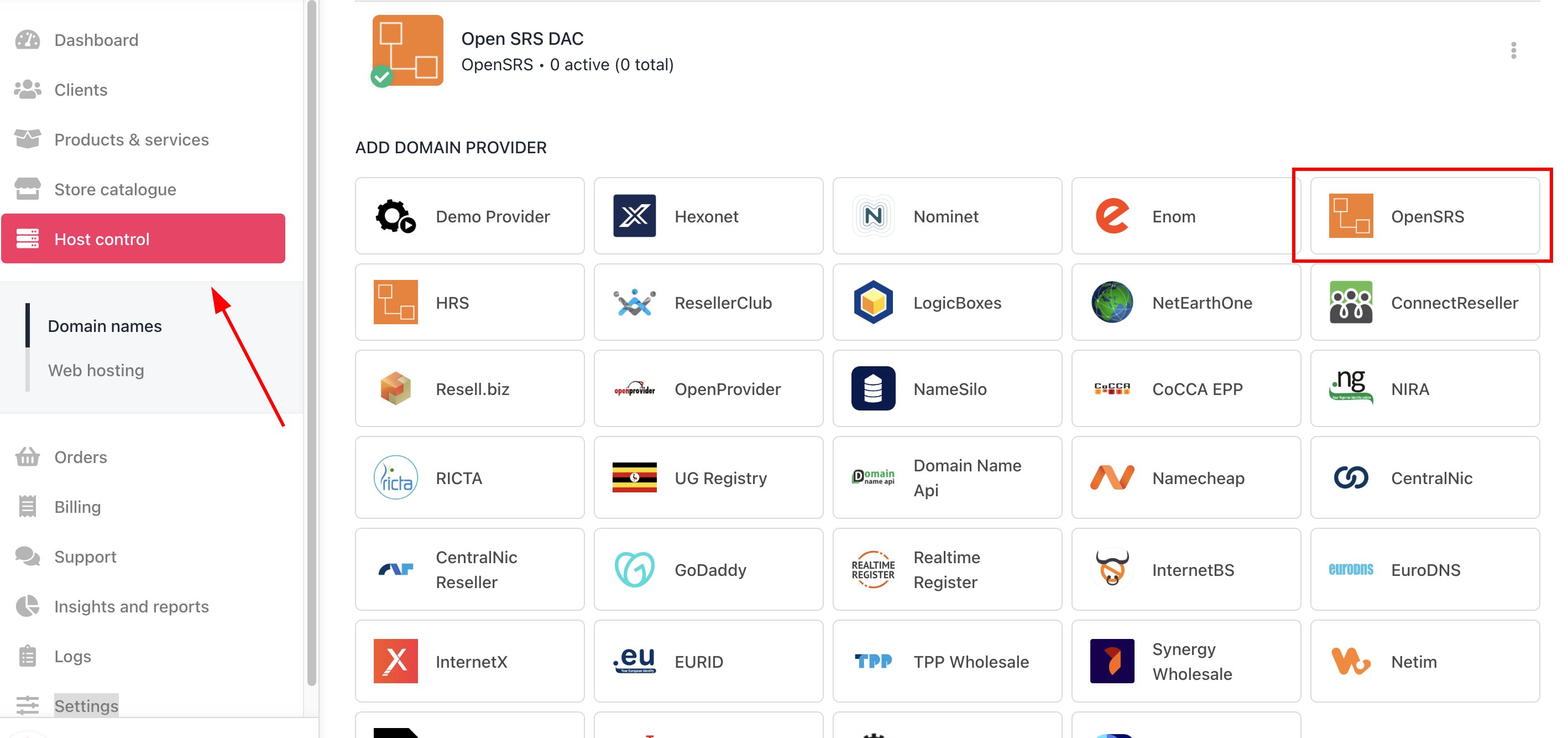 Host Control > Domain names > Registrars