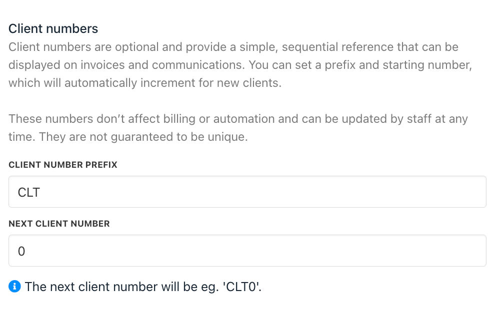 Client Number Prefix and Next Client Number