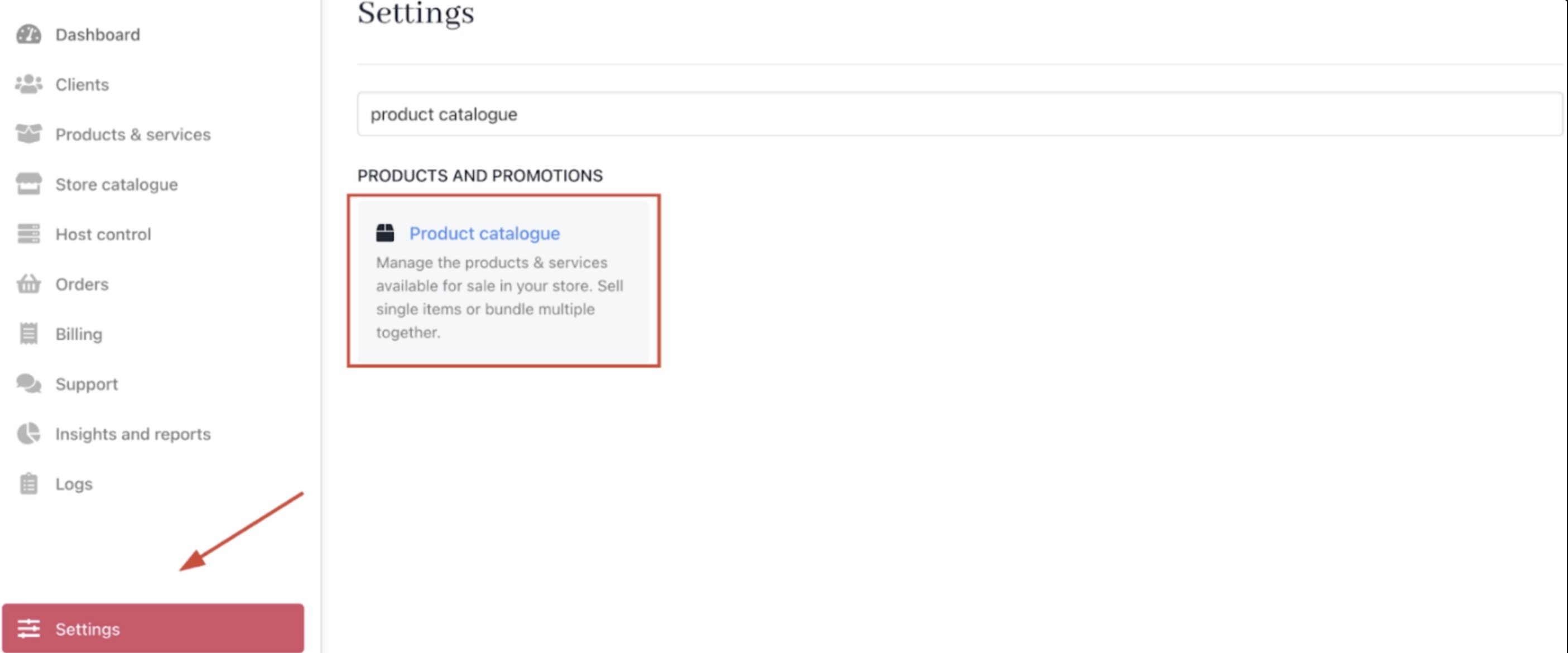 Settings > Products and Promotions > Product Catalogue