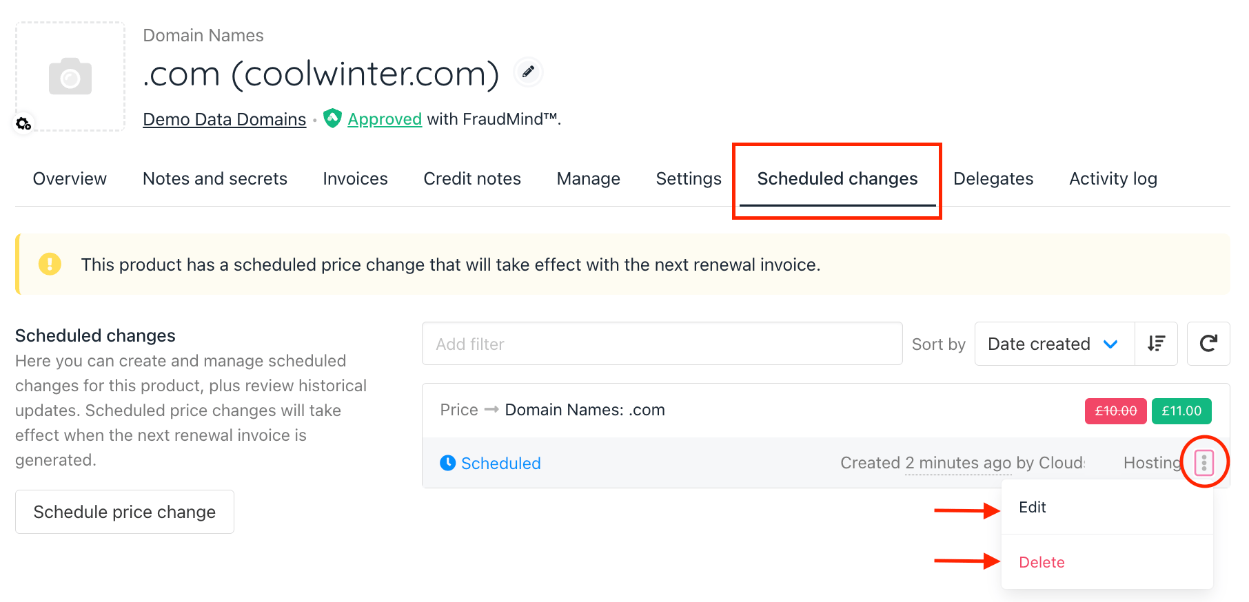 Contract Product → Scheduled changes
